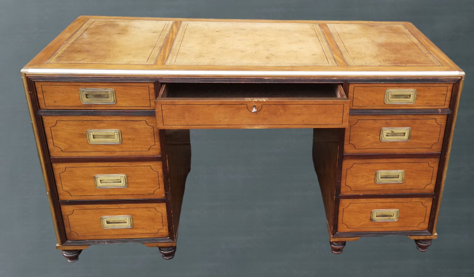 English Campaign Style Pedestal Desk By Baker Furniture Collectors Edition photo for sale
