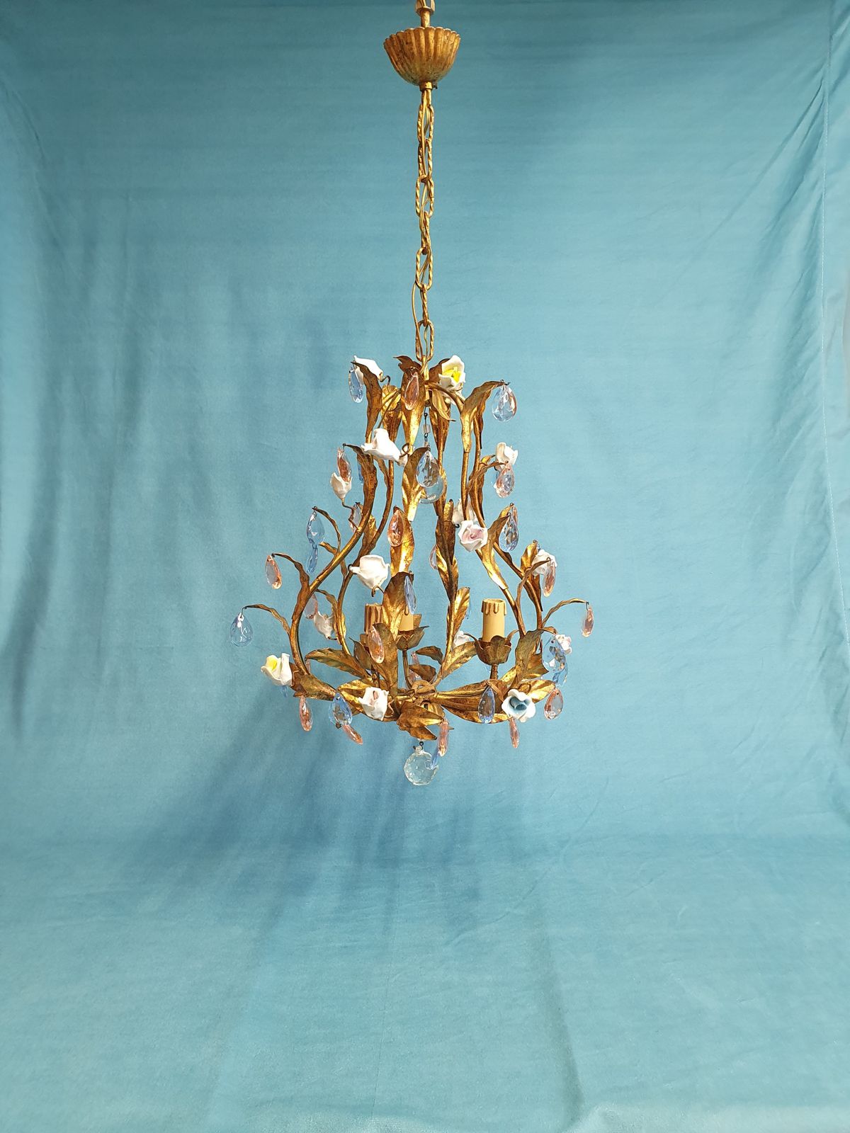 French Gilt Chandeliers And Wall Lights With Porcelain Flowers photo furniture
