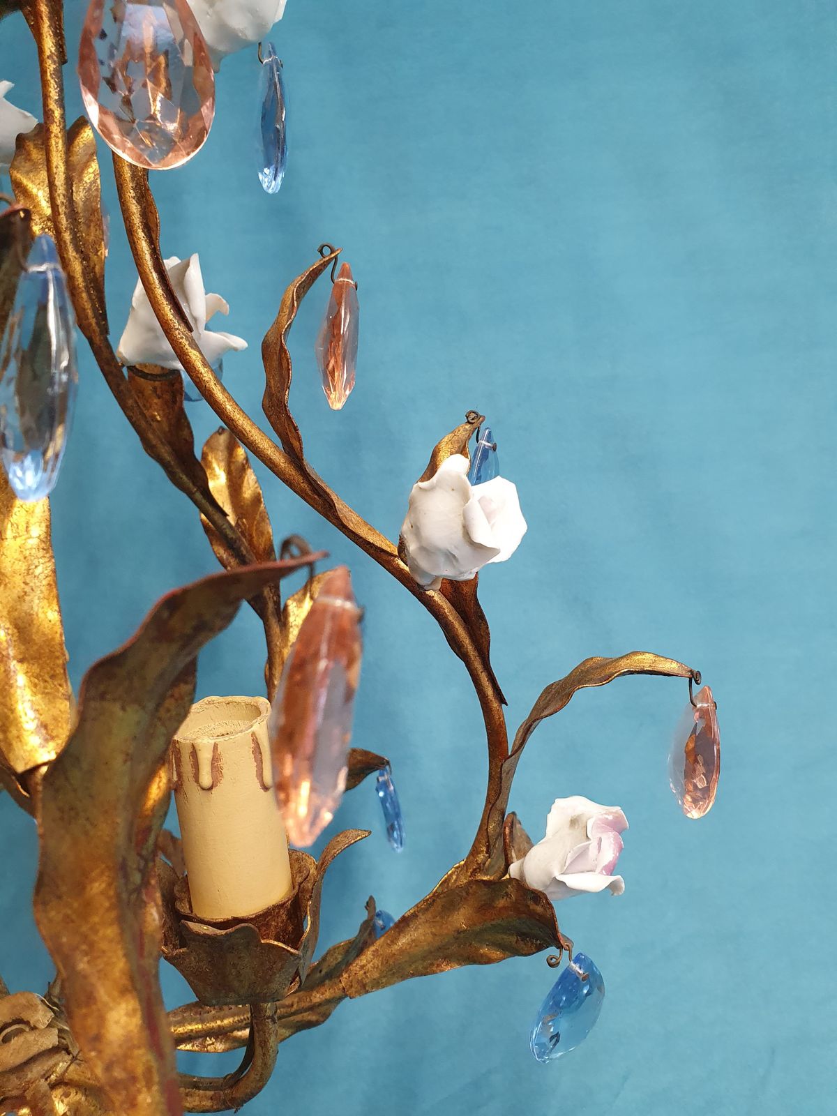 French Gilt Chandeliers And Wall Lights With Porcelain Flowers photo vinterior