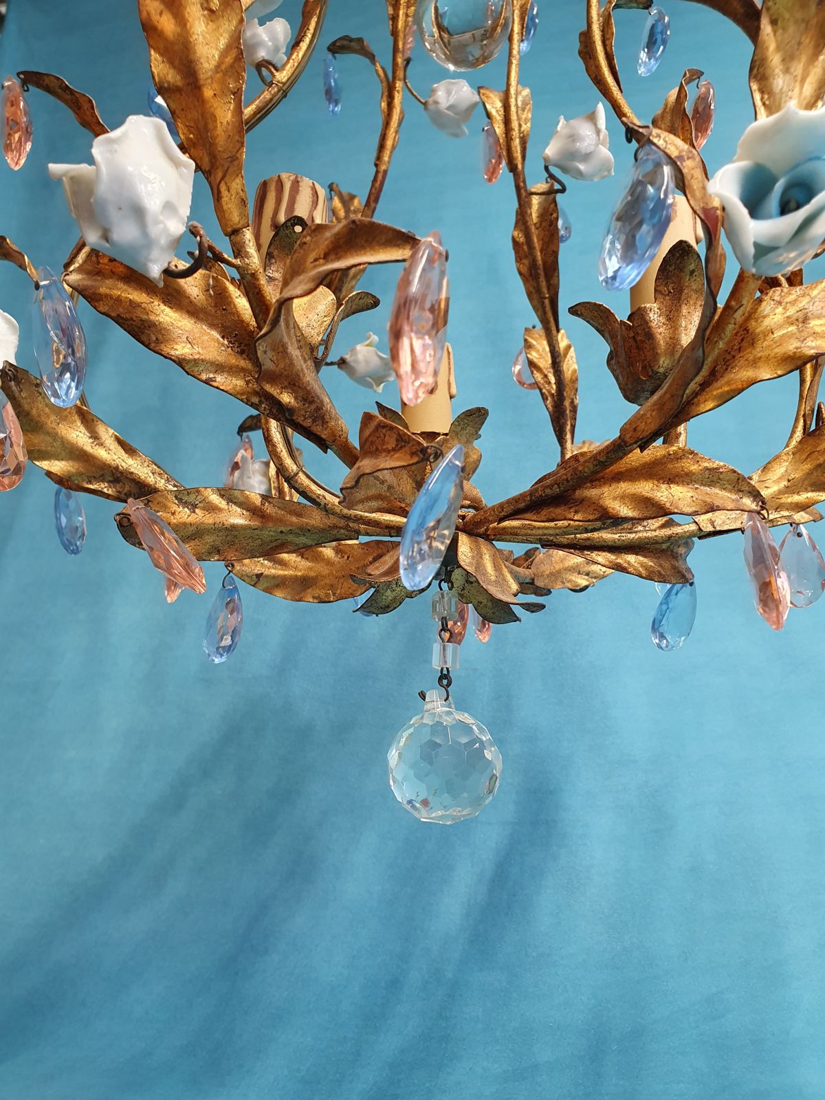 French Gilt Chandeliers And Wall Lights With Porcelain Flowers photo vintage