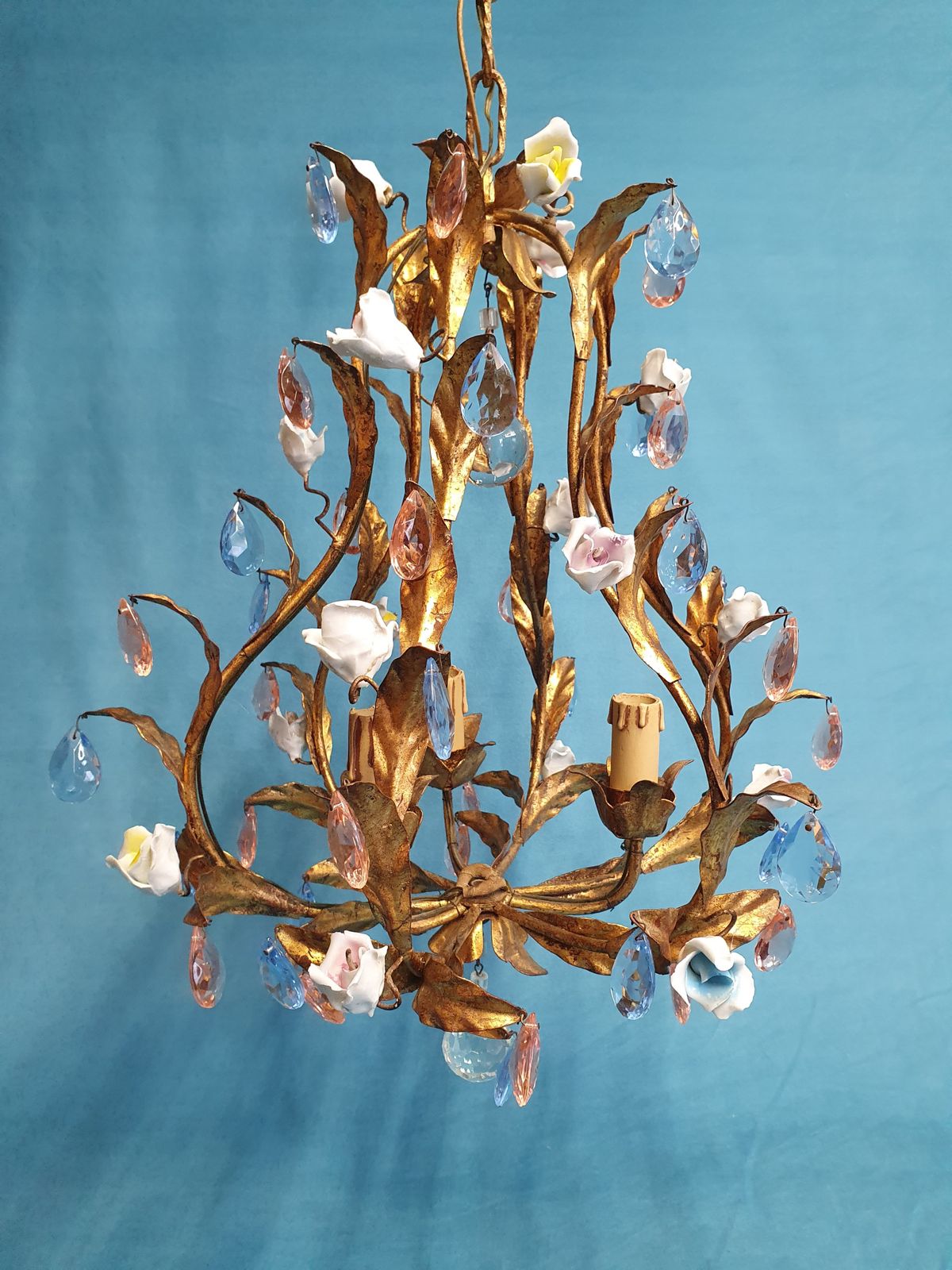 795.0 French Gilt Chandeliers And Wall Lights With Porcelain Flowers photo