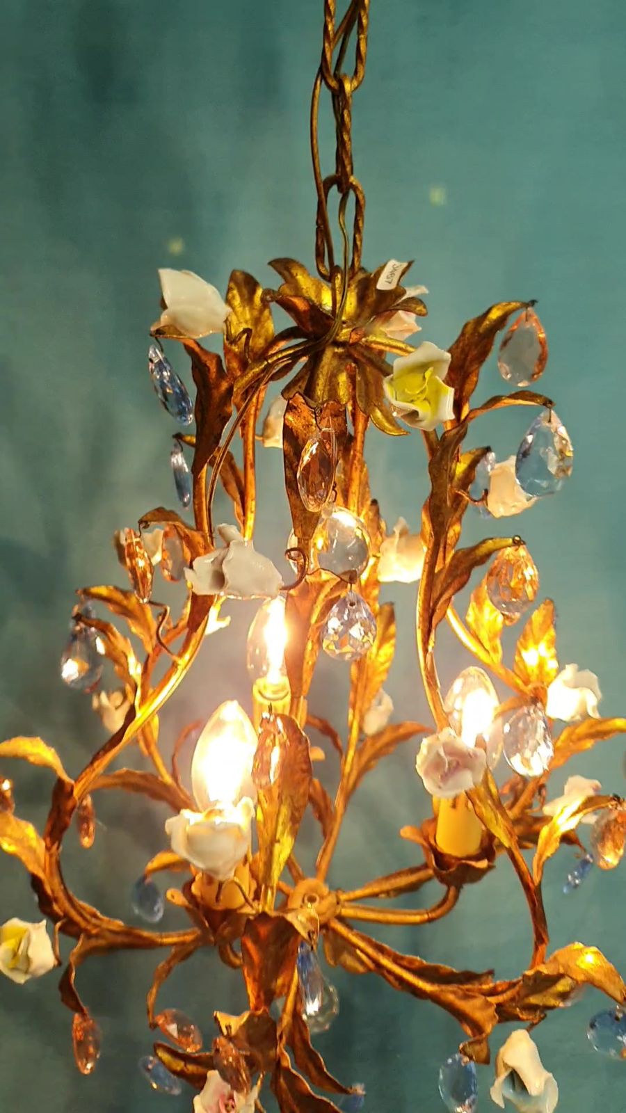 photo vinterior French Gilt Chandeliers And Wall Lights With Porcelain Flowers