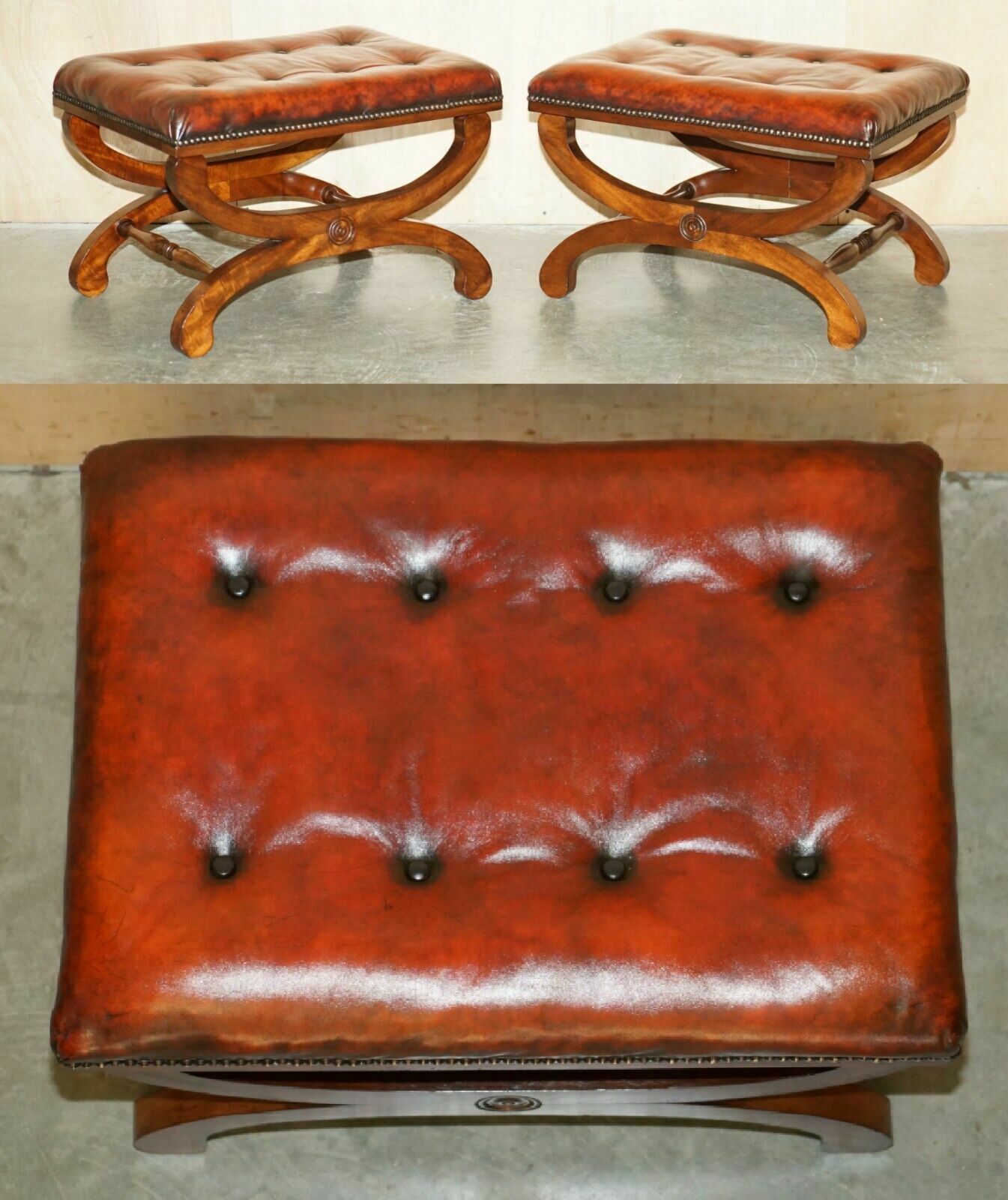 Pair Of Antique Regency Brown Leather Chesterfield Baron X Framed Footstools