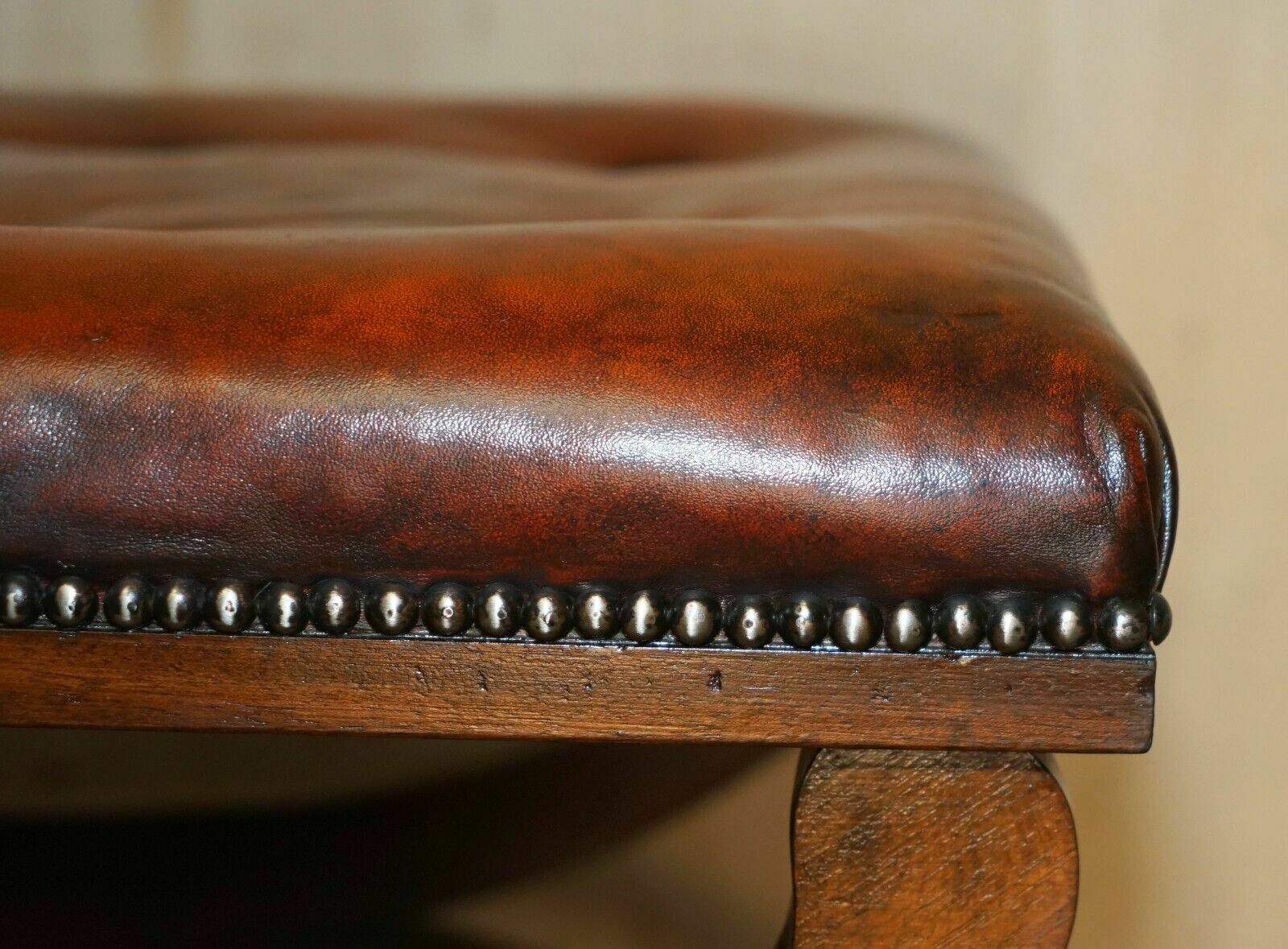 Pair Of Antique Regency Brown Leather Chesterfield Baron X Framed Footstools photo vintage