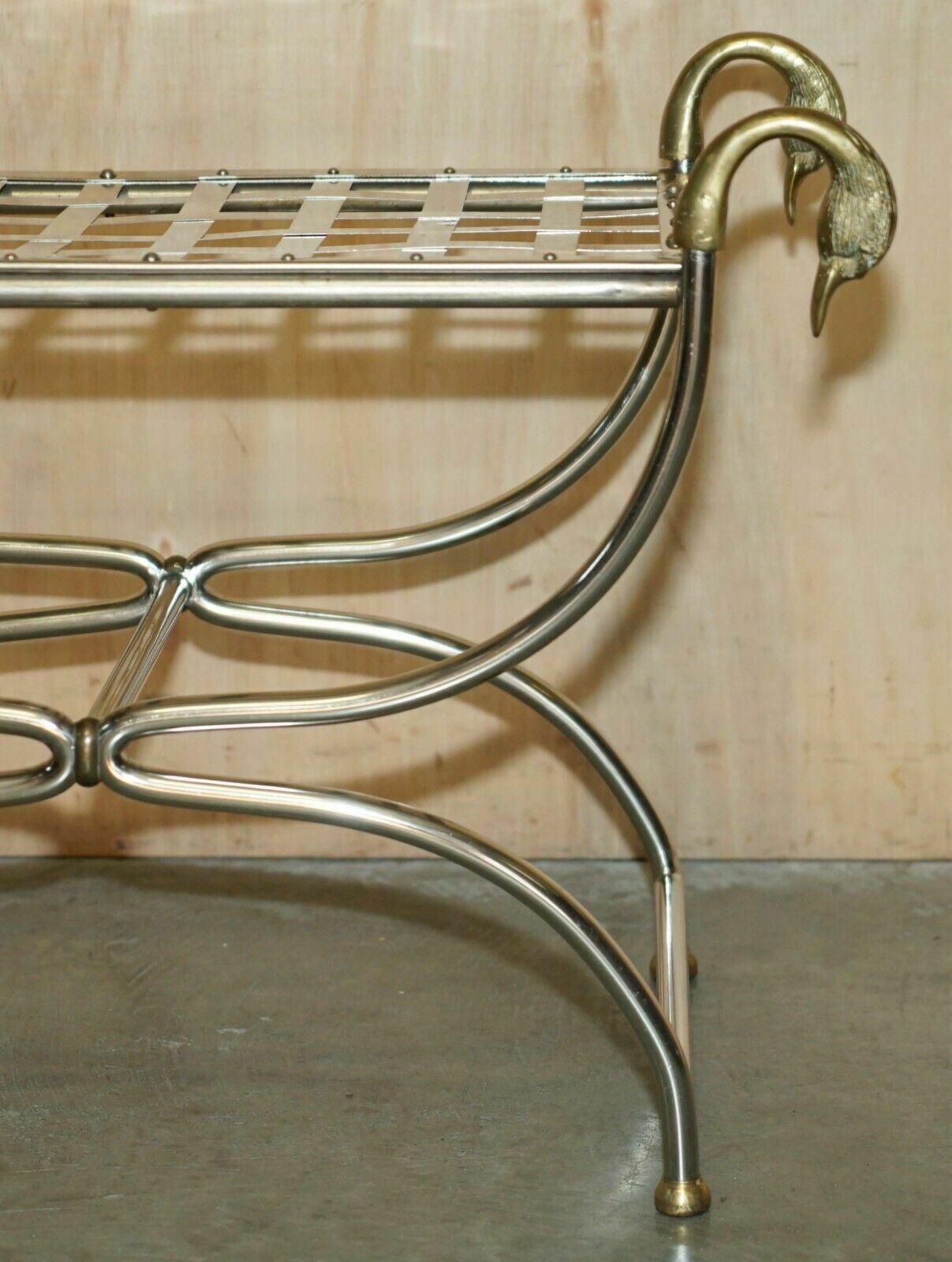 photo for sale Circa 1940's Maison Jansen Duck / Swan Head Side Table Polished Chrome & Brass