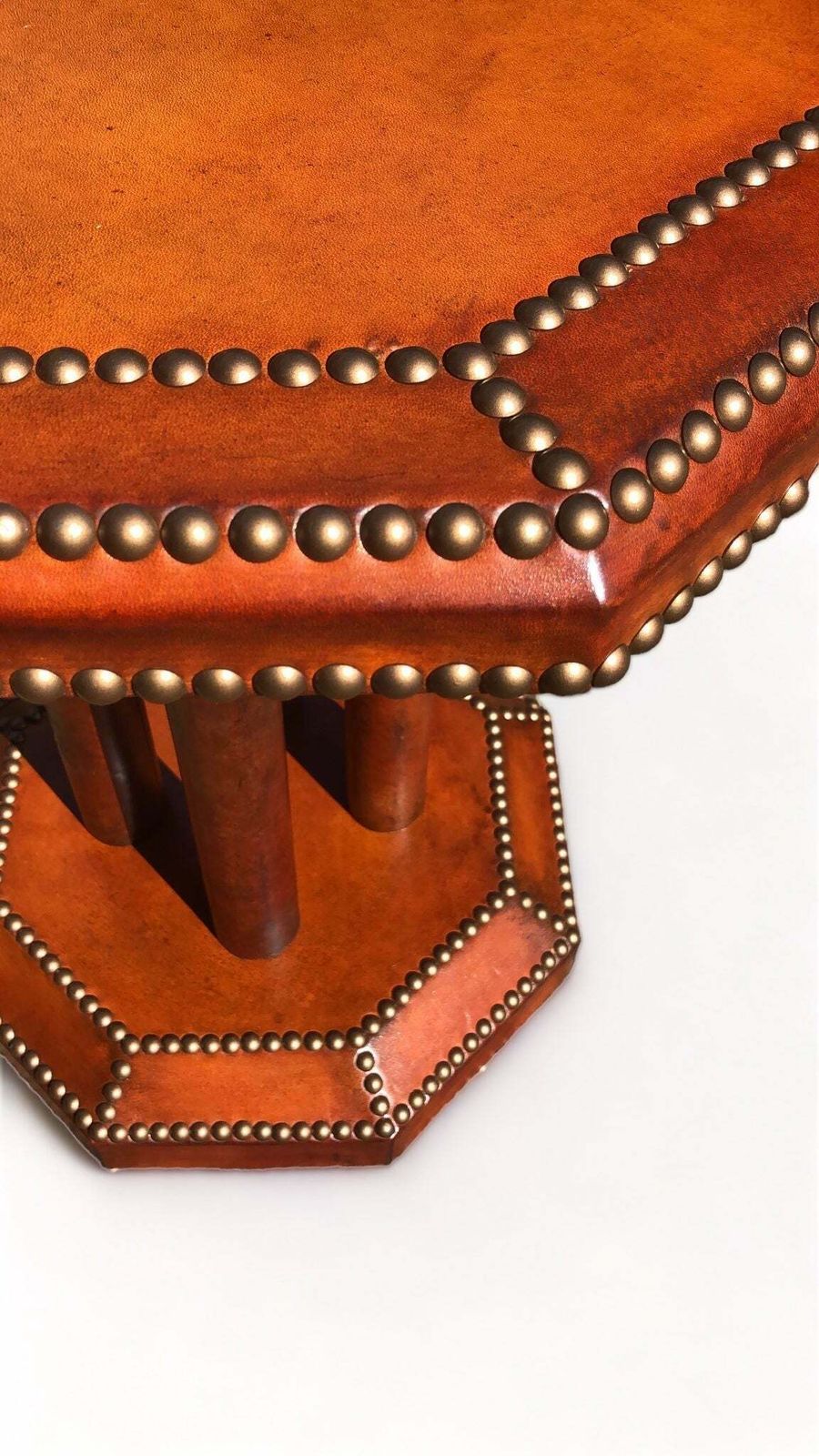 Beautiful Antique French Art Deco Studded Leather Bound Hexagonal Side/Lamp Table Circa 1920 photo Furniture