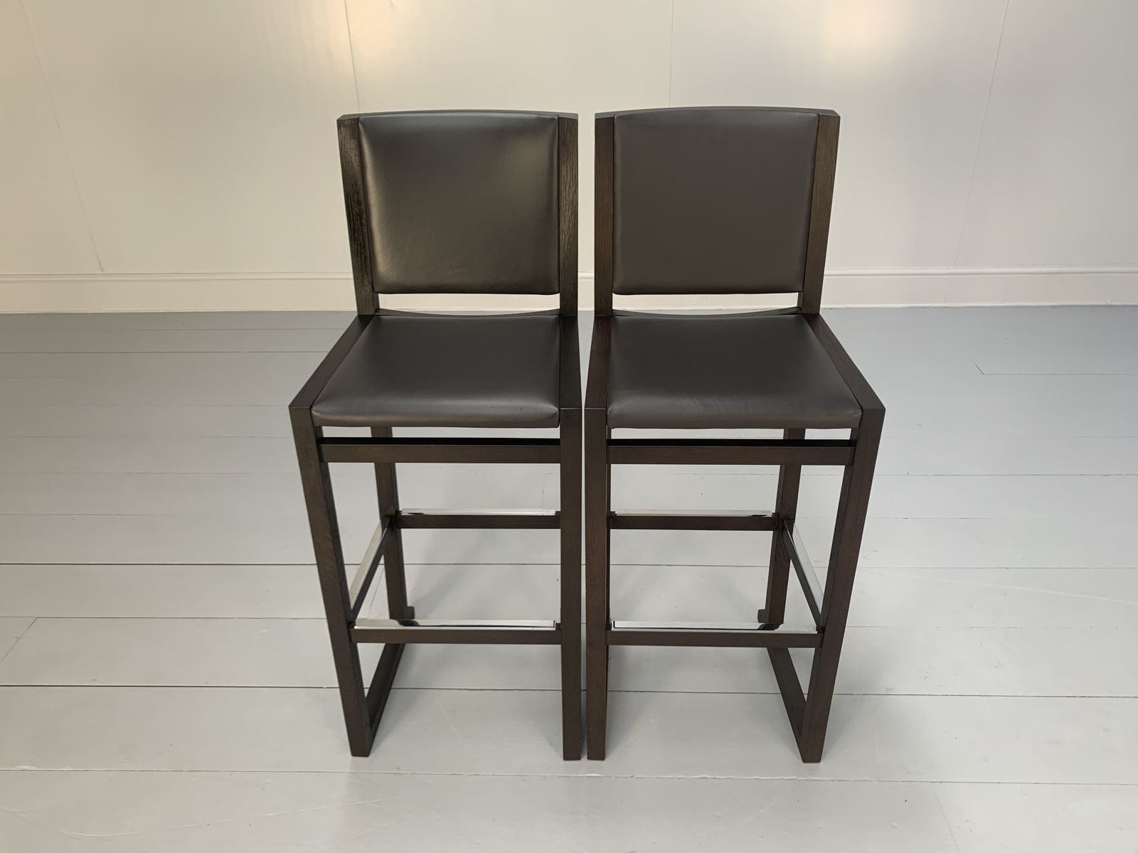 Pair Of B&B Italia “Musa Sm46g” Tall Bar Stool Chairs – In Dark Grey “Kasia” Leather photo furniture