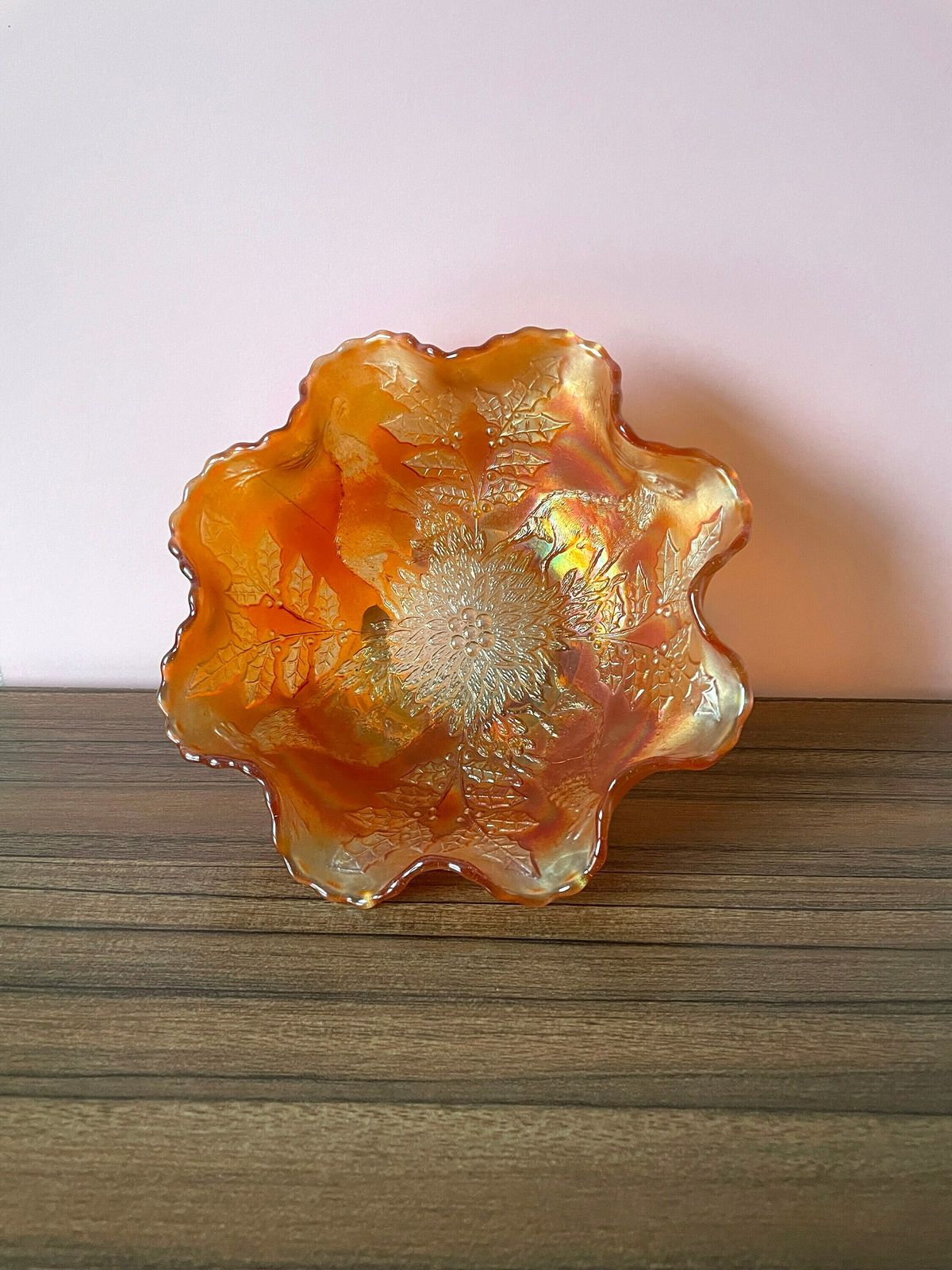 Fenton Carnival Glass Stag & Holly Vintage Bowl On 3 Feet, Deer And Holly Design Antique Marigold Glass Footed Dish, Collectable 20s Decor photo buy