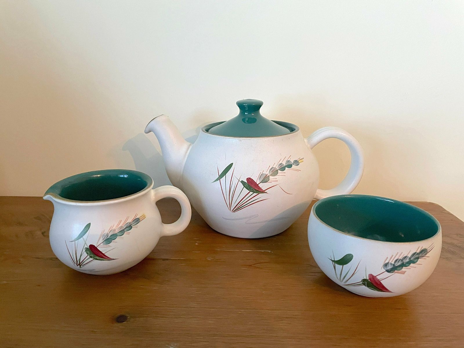 Denby Greenwheat Tea Set, 3 Piece Mid Century Stoneware Teapot, Sugar Bowl & Jug, Vintage 50s Green Botanical Tea Set Country Cottage Decor