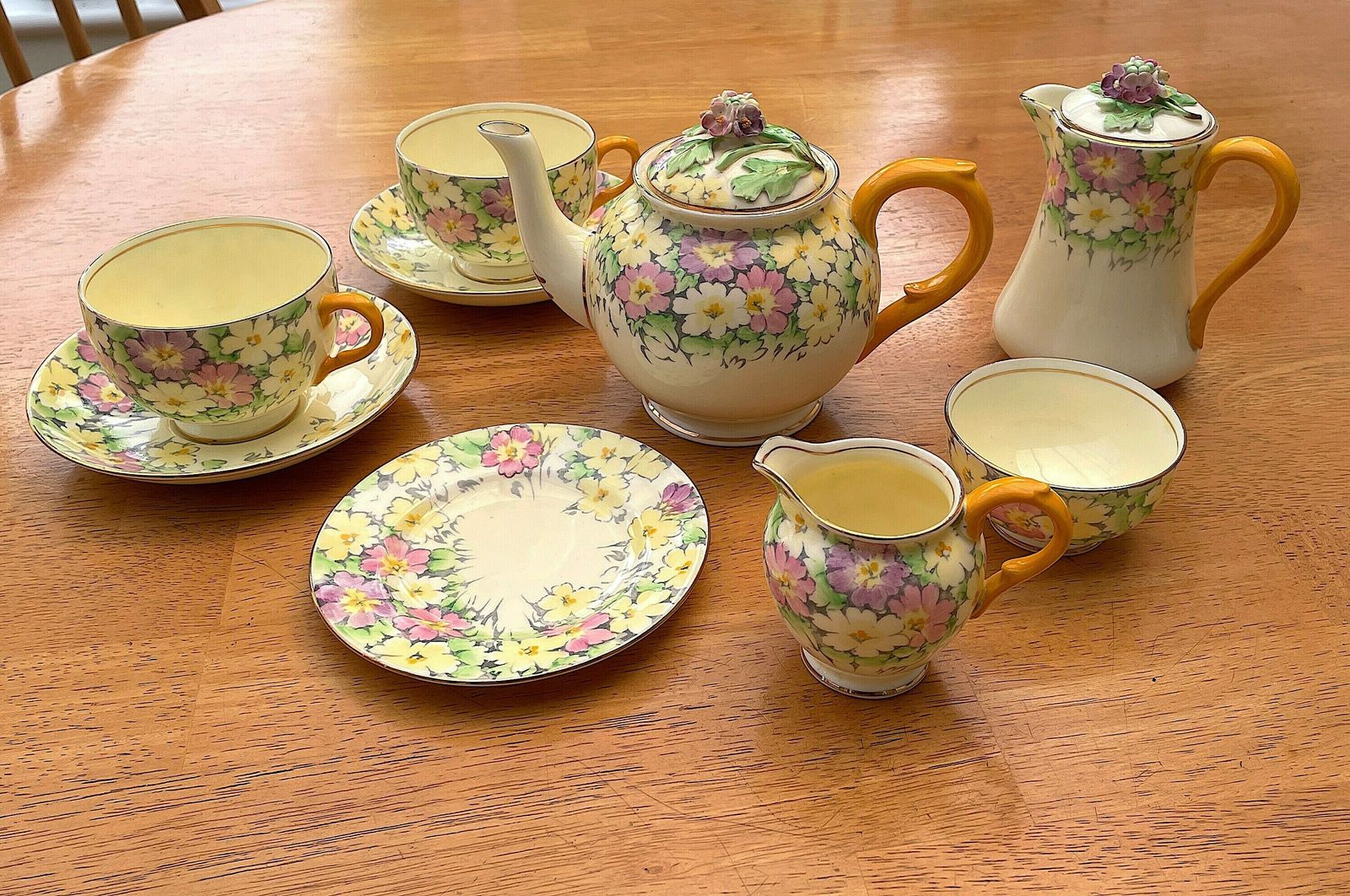 Crown Staffordshire Primrose Tea Set, Vintage Fine China Yellow/Pink Floral 9 Piece Tea For Two Set, Teapot/Teacup/Saucer/Jug/Sugar Bowl