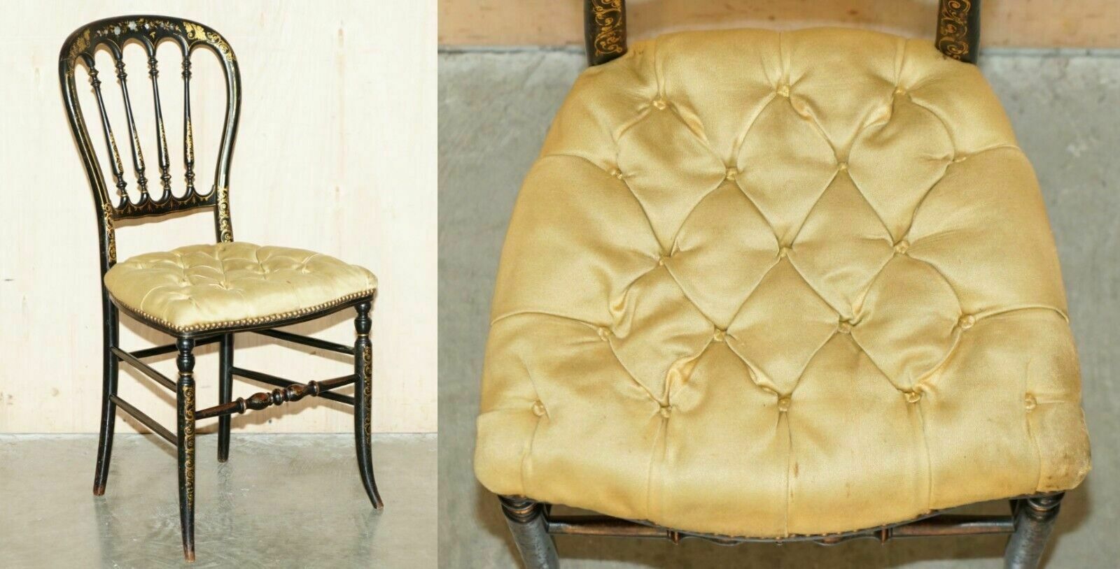 Antique Regency 1815 Ebonised Mother Of Pearl Silk Chesterfield Seat Side Chair
