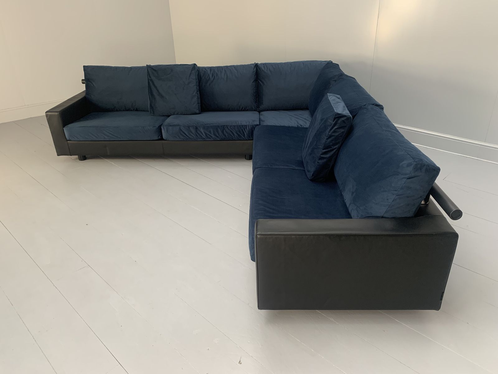 Flexform “Status” Sectional L Shape Sofa – In Black Leather & Blue Velvet photo furniture