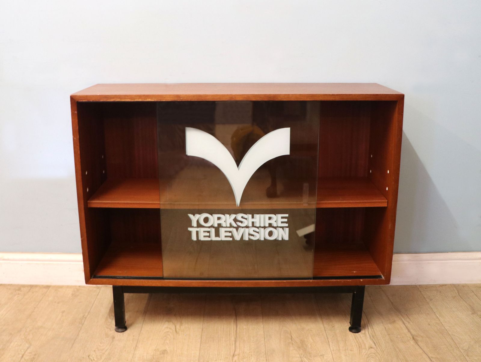 This Lovely Retro Teak Finish Display Cabinet Later Sign Written For Yorkshire Television. photo for sale
