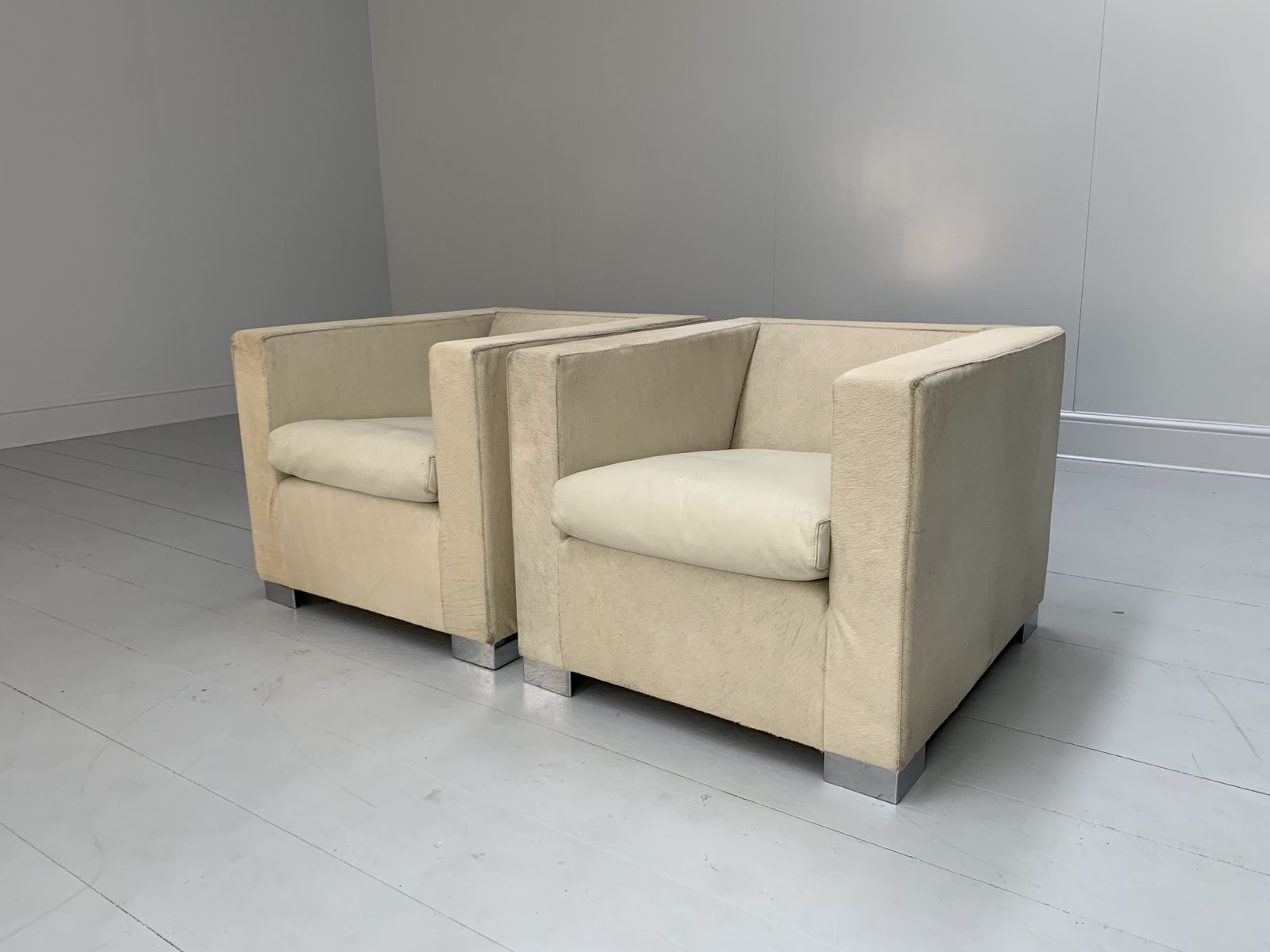 Pair Of Minotti “Suitcase” Club Armchairs – In Pony Skin & “Pelle” Leather