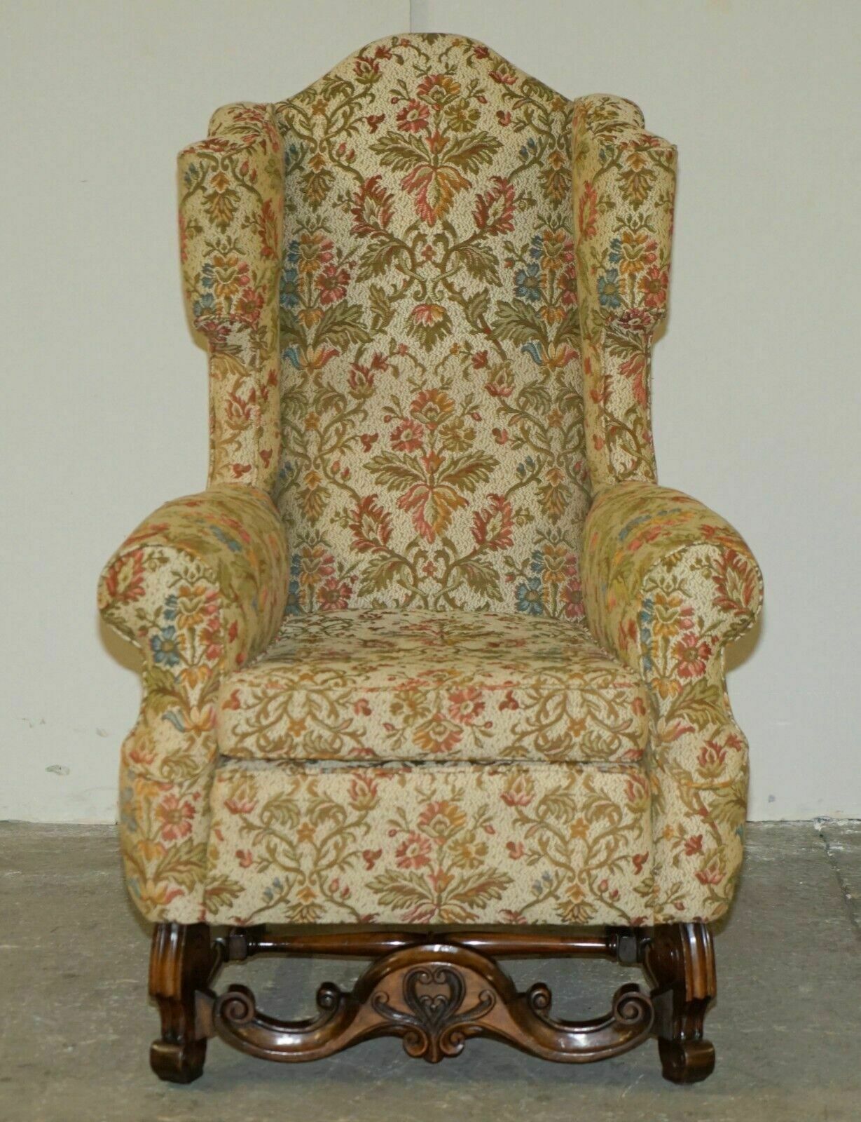 Pair Of Antique Italian Carolean High Back Wingback Armchairs For Upholstery photo for sale