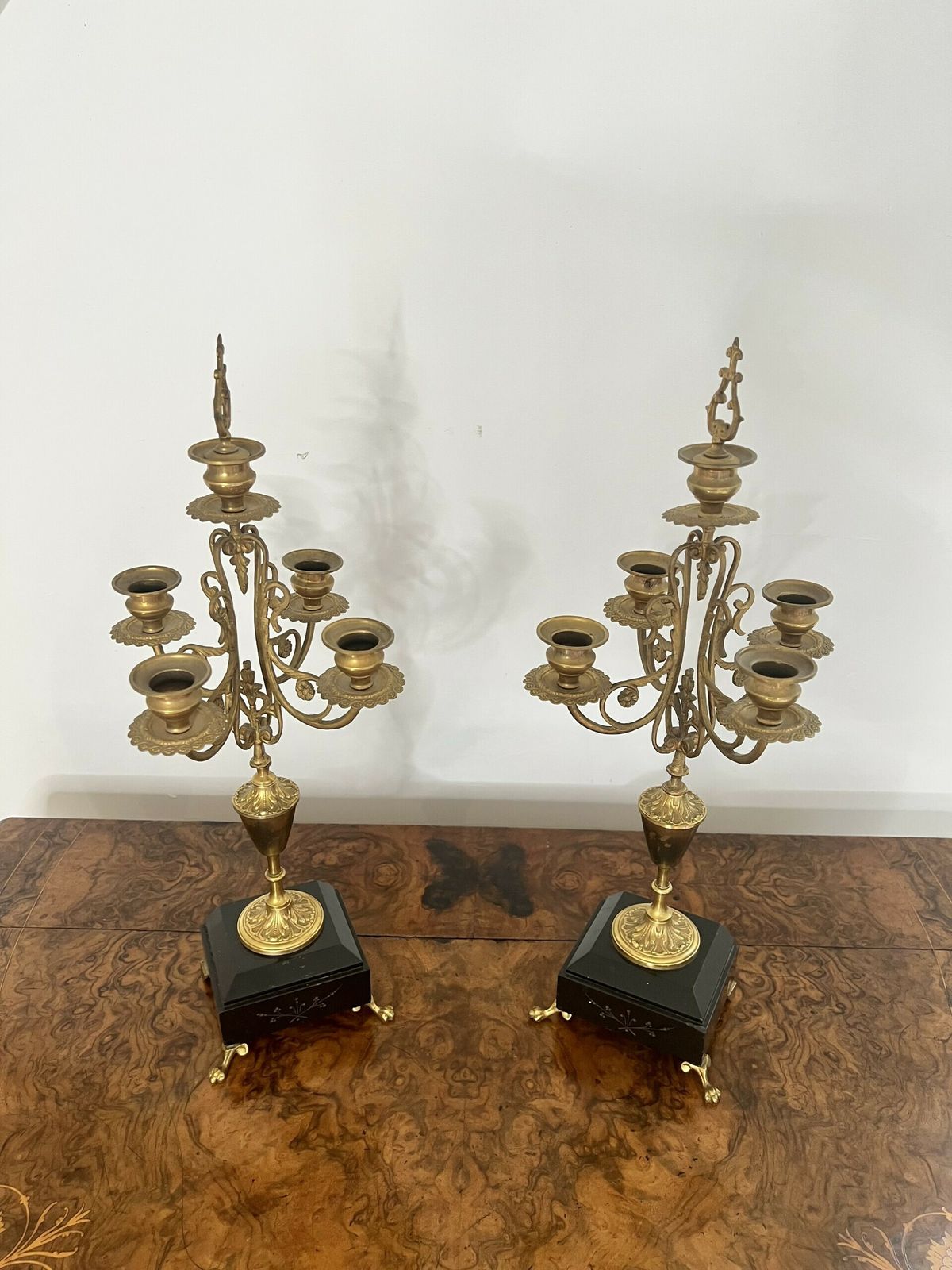 Pair Of Antique Quality Brass And Marble Candelabras photo for sale
