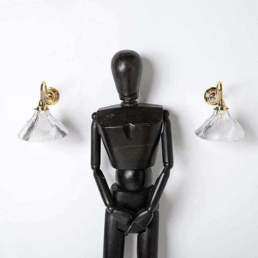 Antique Holophane Angled Prismatic Glass Wall Lights On Polished Brass Brackets photo 375.0