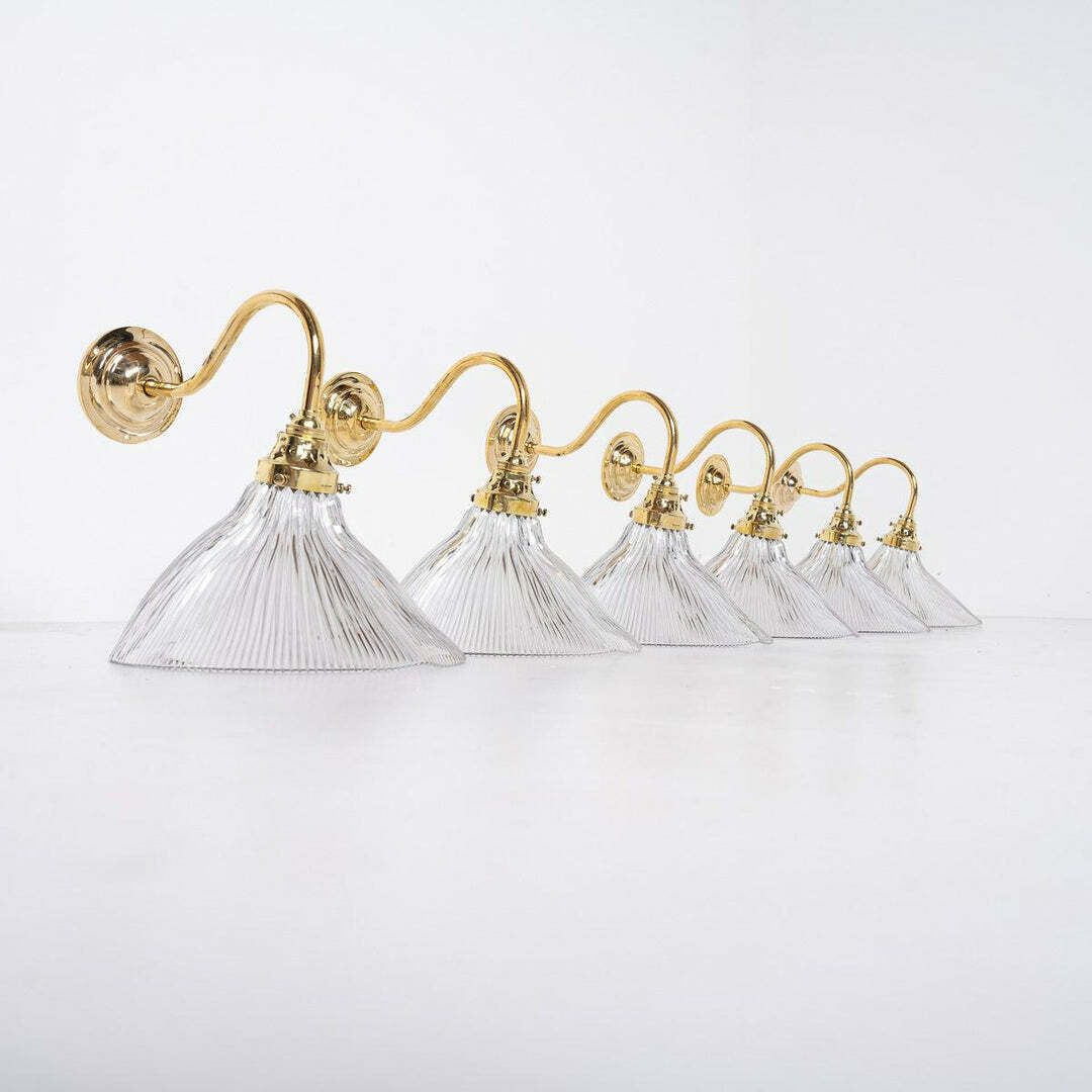 photo furniture Antique Holophane Angled Prismatic Glass Wall Lights On Polished Brass Brackets