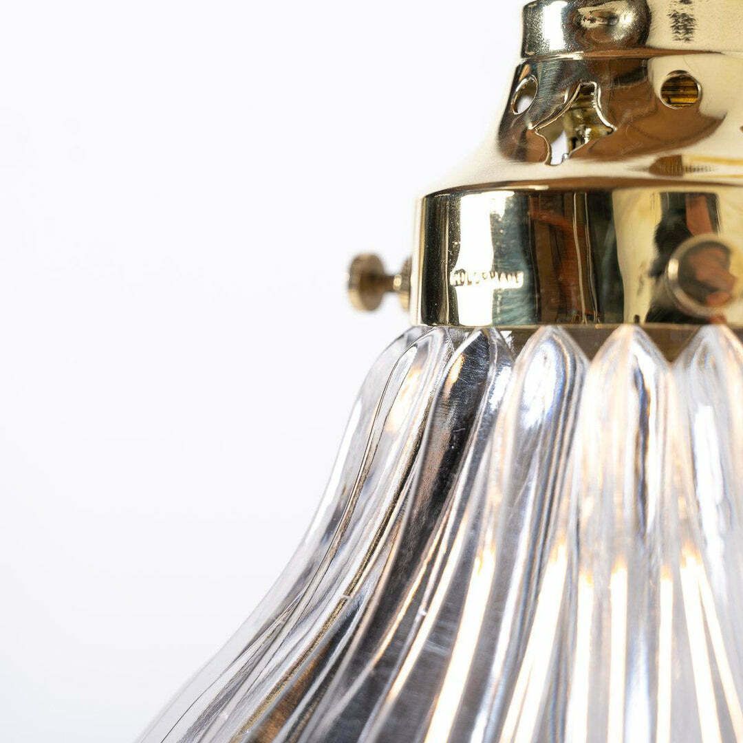 375.0 Antique Holophane Angled Prismatic Glass Wall Lights On Polished Brass Brackets photo