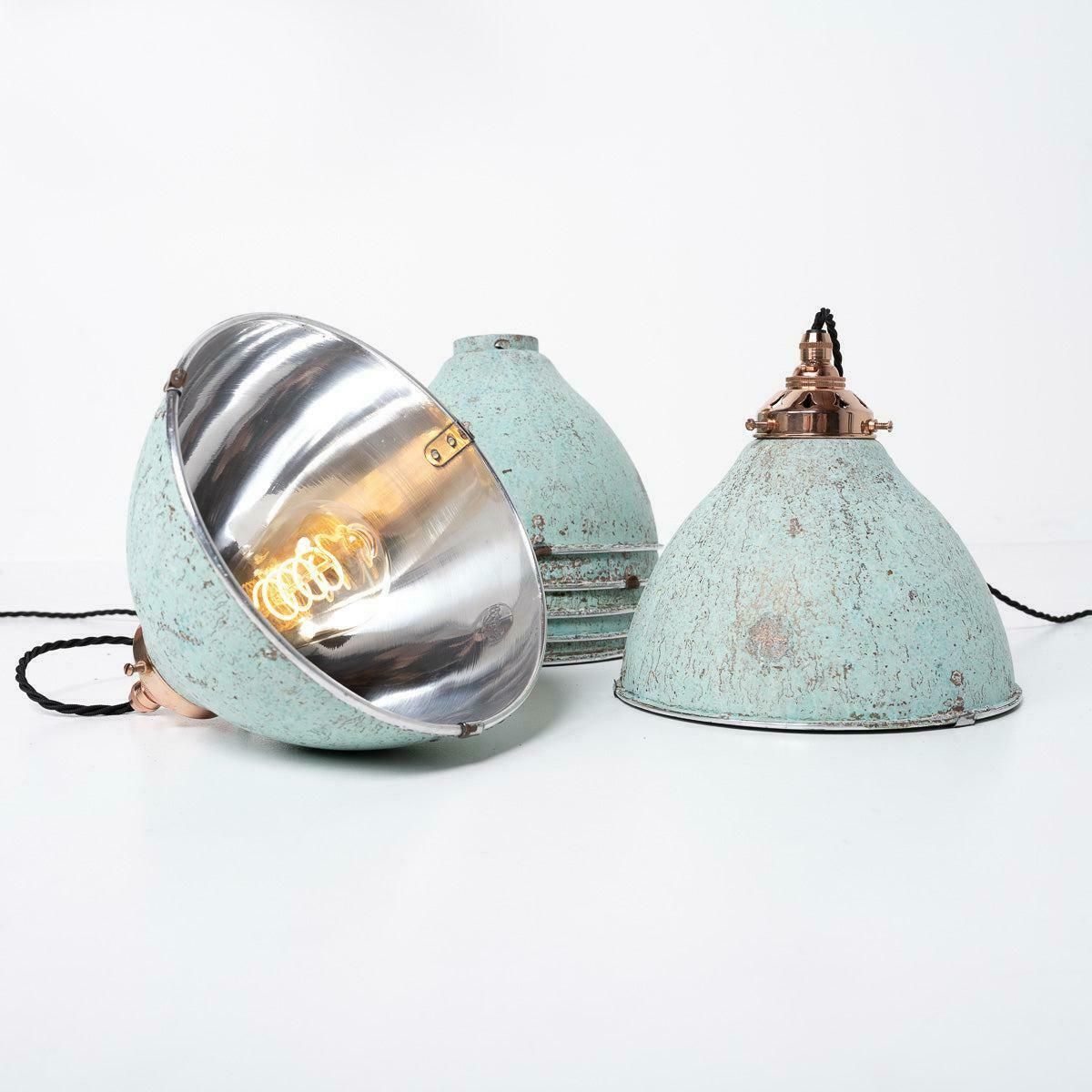 Reclaimed Industrial Holophane Verdigris Coppered Spun Aluminium Pendant Lights photo Lighting