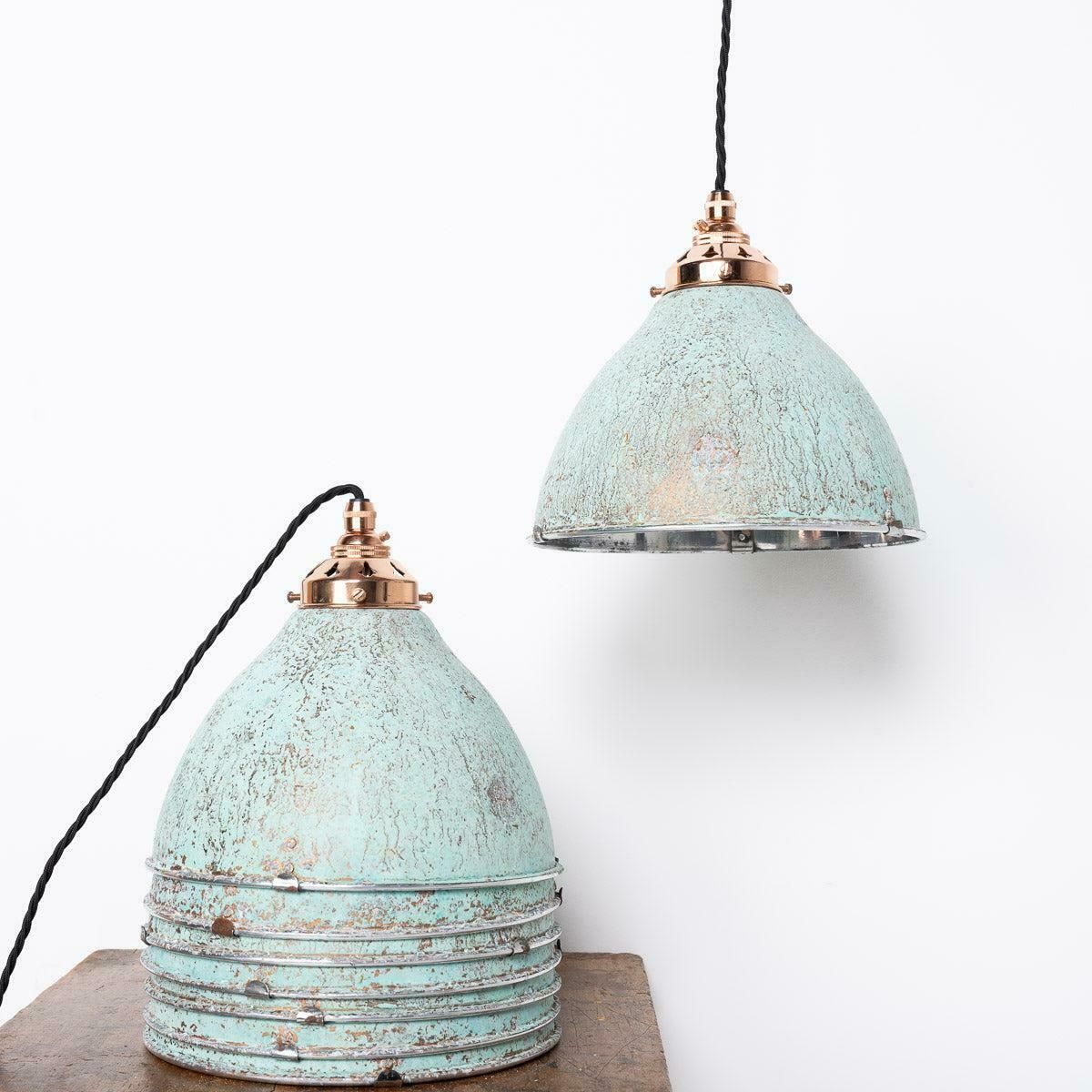photo vinterior Reclaimed Industrial Holophane Verdigris Coppered Spun Aluminium Pendant Lights