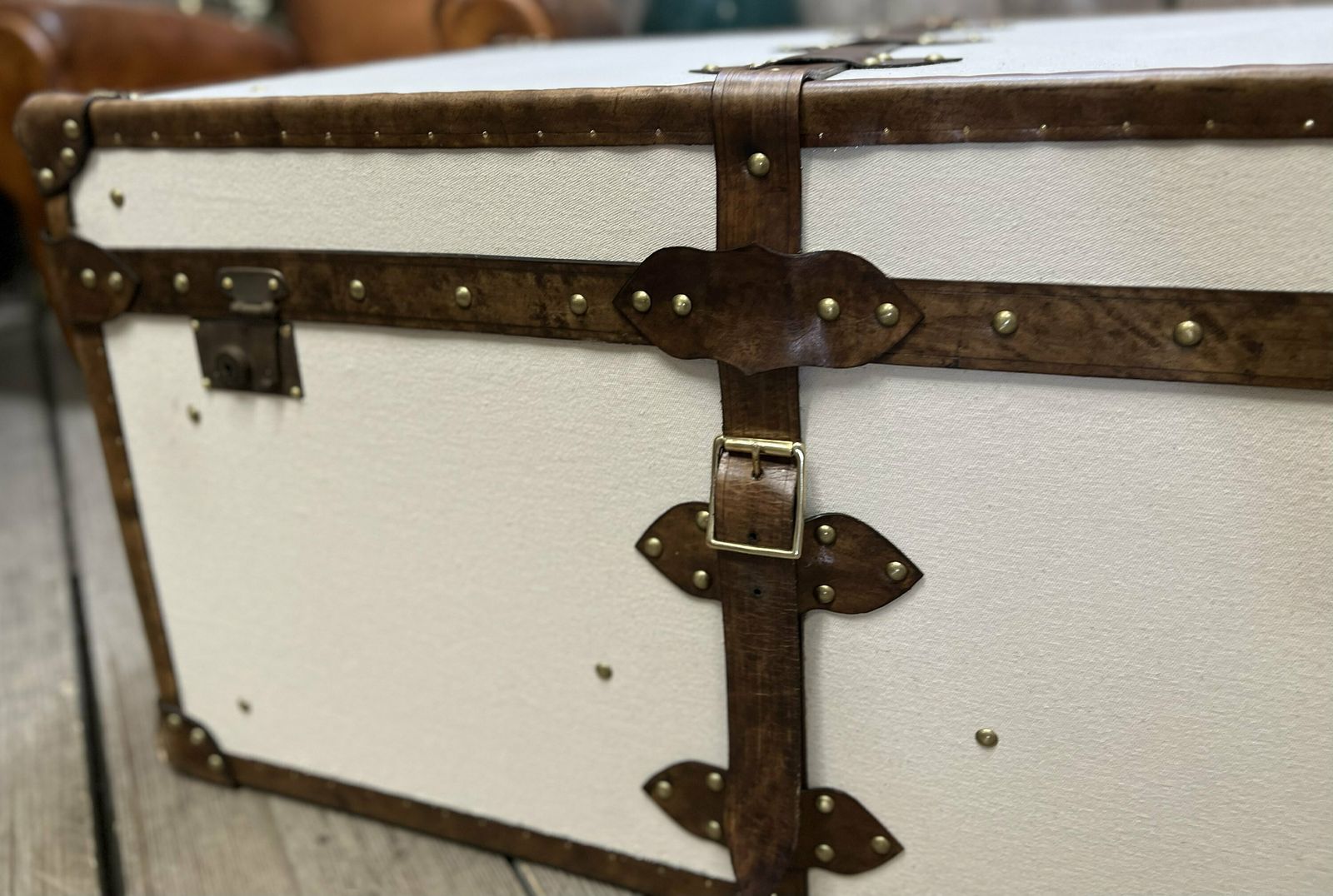Tori Natural Plain Natural Fabric & Leather Coffee Table Trunk Chest Home Decor Furnishings photo vintage