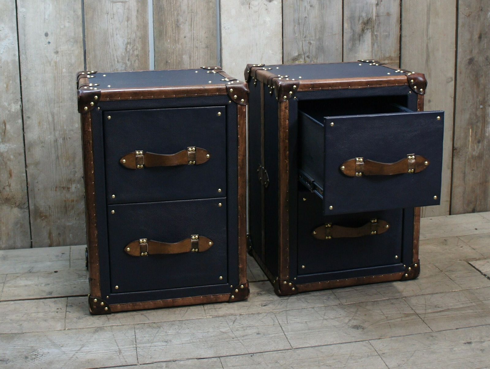 Pebble Blue & Tan Bridle Leather Luxury Night Stands Bedroom Furniture Side Tables Made In Nottingham England photo 1609.0