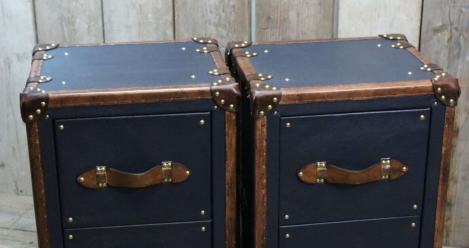 photo for sale Pebble Blue & Tan Bridle Leather Luxury Night Stands Bedroom Furniture Side Tables Made In Nottingham England