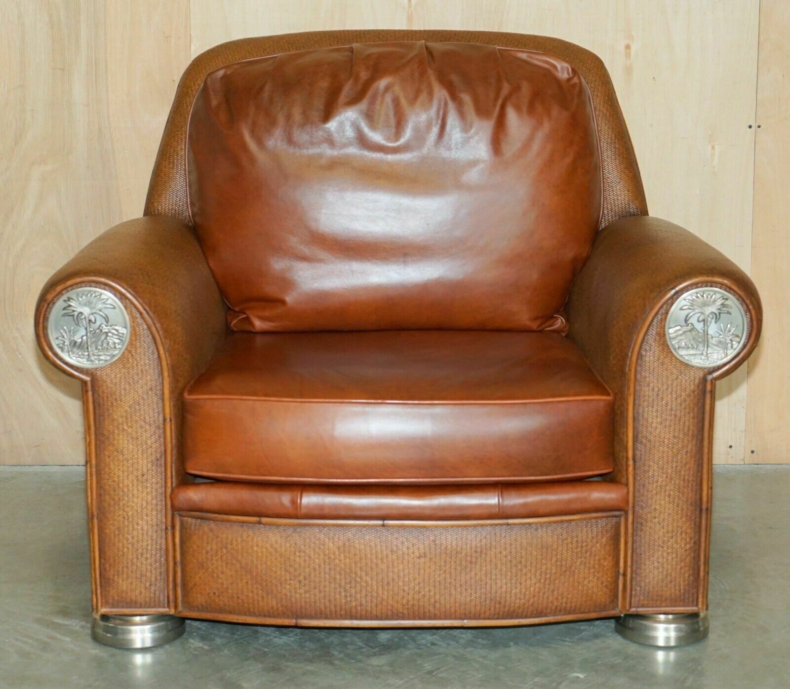 Thomasville Safari Leather Woven Armchair & Footstool Ottoman Brown Leather photo for sale