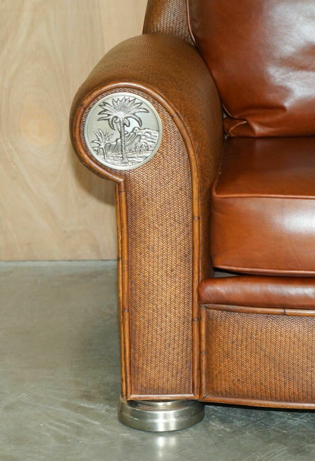 Thomasville Safari Leather Woven Armchair & Footstool Ottoman Brown Leather photo vinterior
