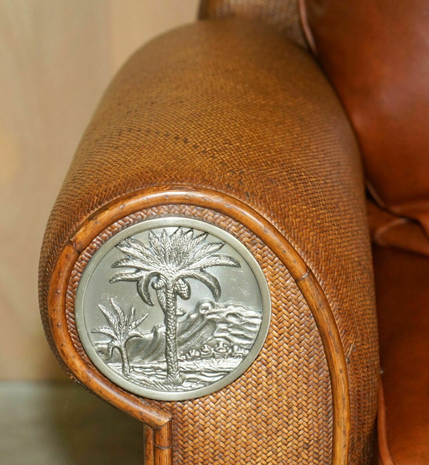 Thomasville Safari Leather Woven Armchair & Footstool Ottoman Brown Leather photo buy