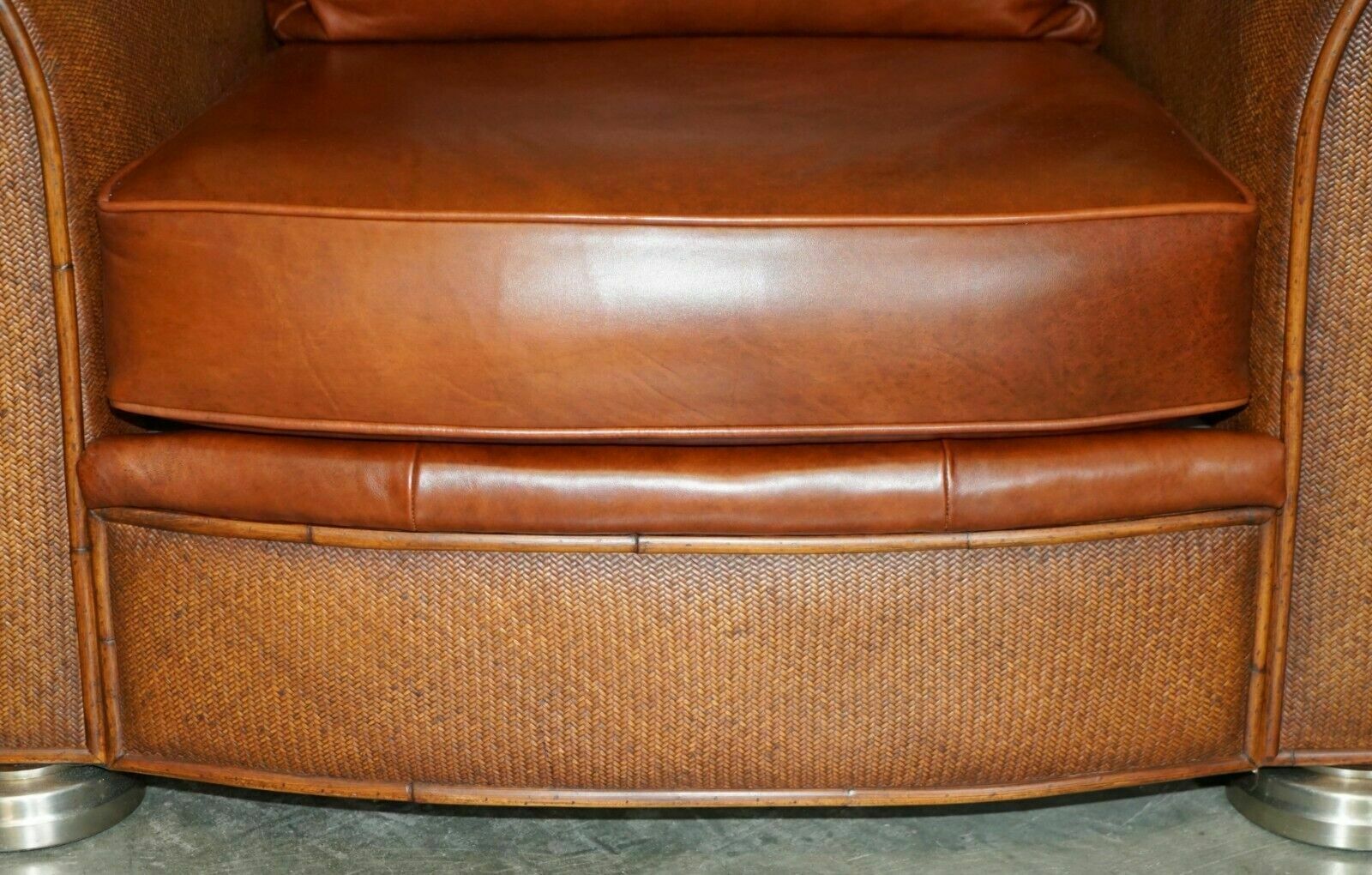 photo for sale Thomasville Safari Leather Woven Armchair & Footstool Ottoman Brown Leather