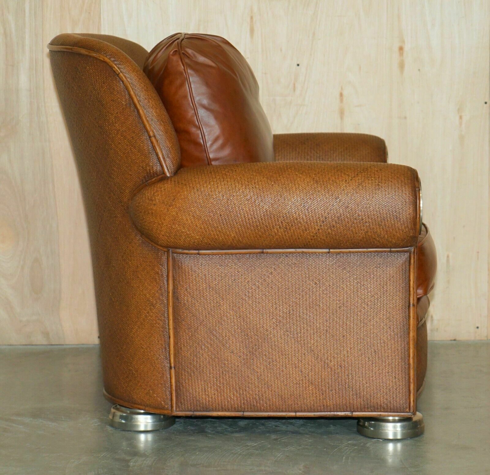 photo vintage Thomasville Safari Leather Woven Armchair & Footstool Ottoman Brown Leather