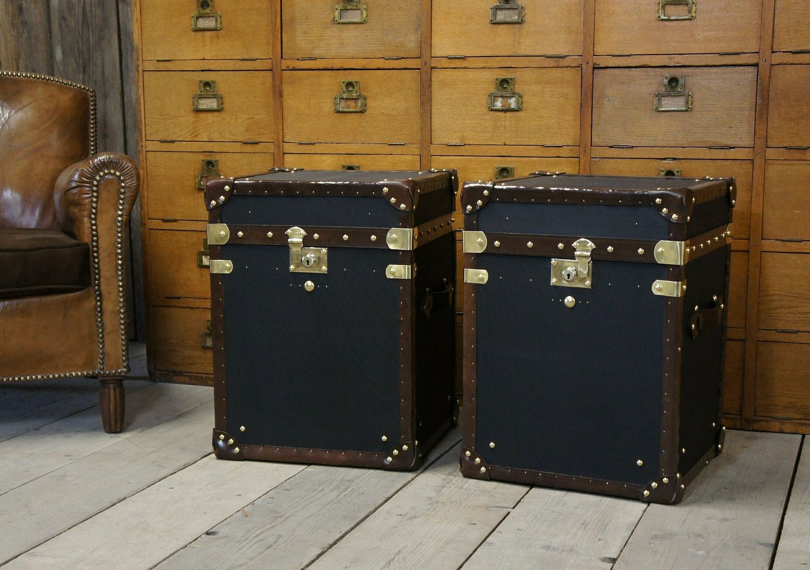 Black Millerain And Antique Leather Occasional Side Table Trunks Made In Nottingham England photo furniture