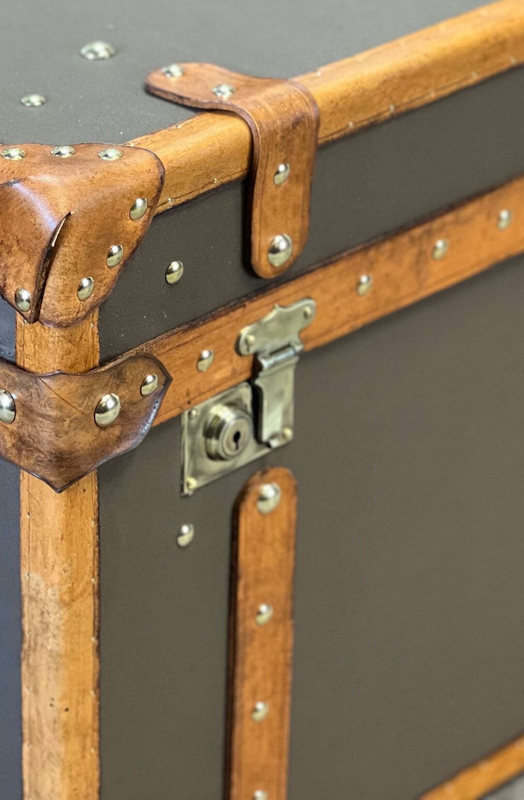 Bespoke Coffee Table , Olive Millerain & English Tan Bridle Leather Trimmed Handmade Trunk