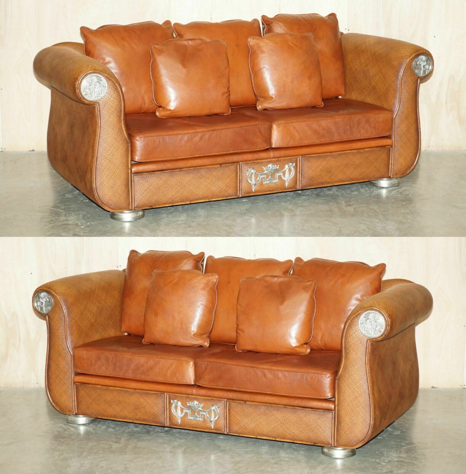 Rare Pair Of Thomasville Safari Brown Leather Woven Sofas Part Of Large Suite