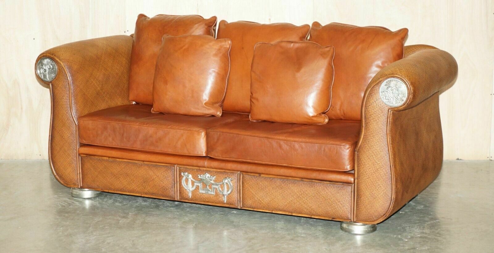Rare Pair Of Thomasville Safari Brown Leather Woven Sofas Part Of Large Suite photo furniture