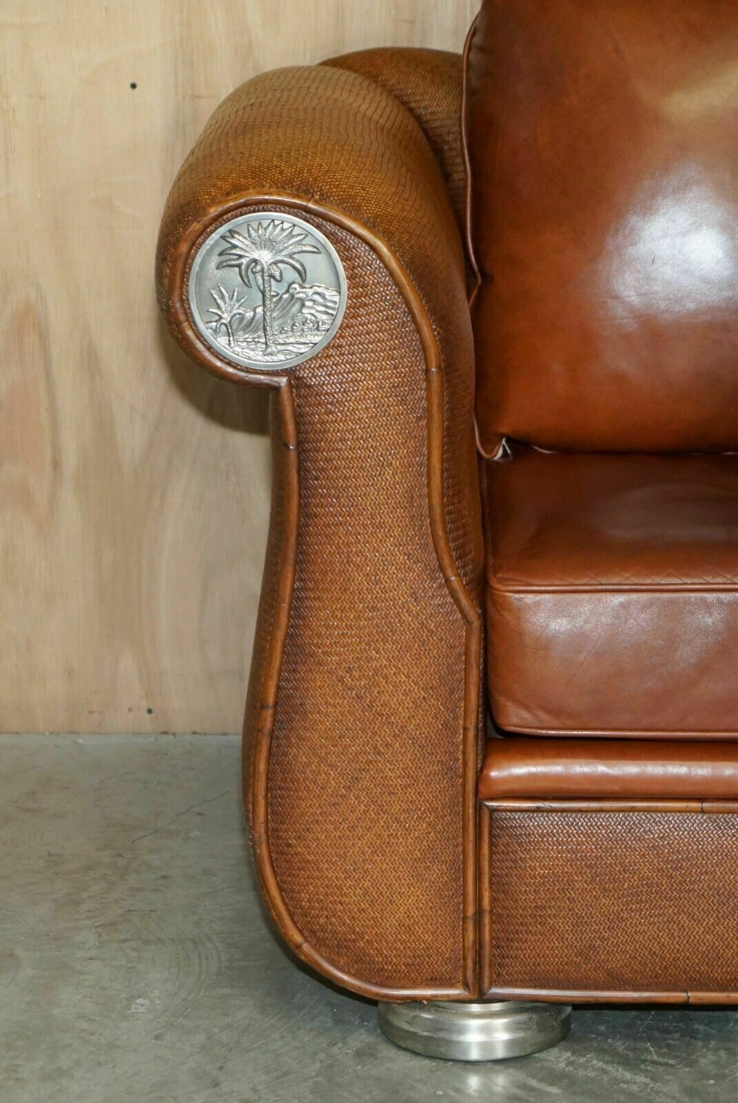 Rare Pair Of Thomasville Safari Brown Leather Woven Sofas Part Of Large Suite photo buy