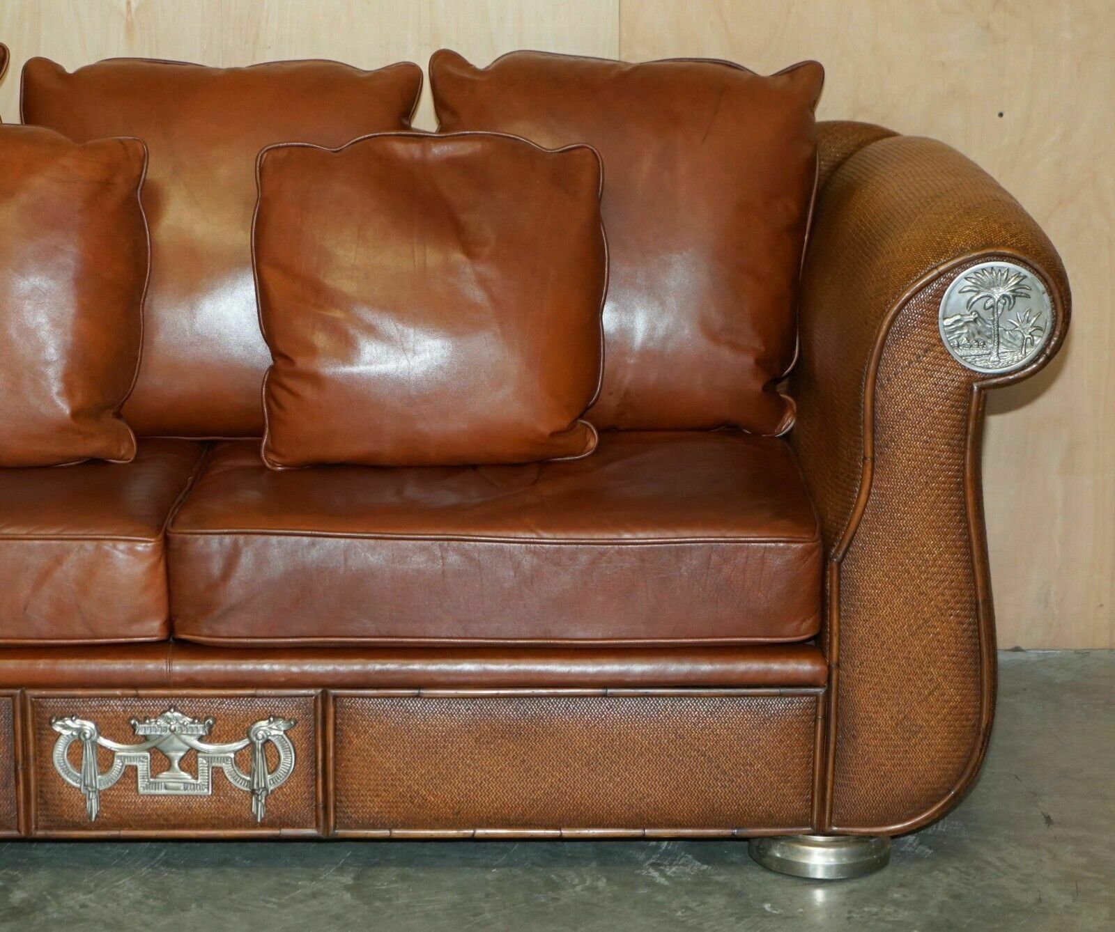 photo vinterior Rare Pair Of Thomasville Safari Brown Leather Woven Sofas Part Of Large Suite