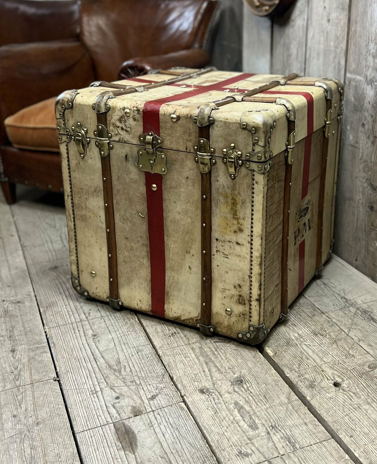 Antique Vellum Trunk , Travel Case , End Table , Rare Luggage photo furniture