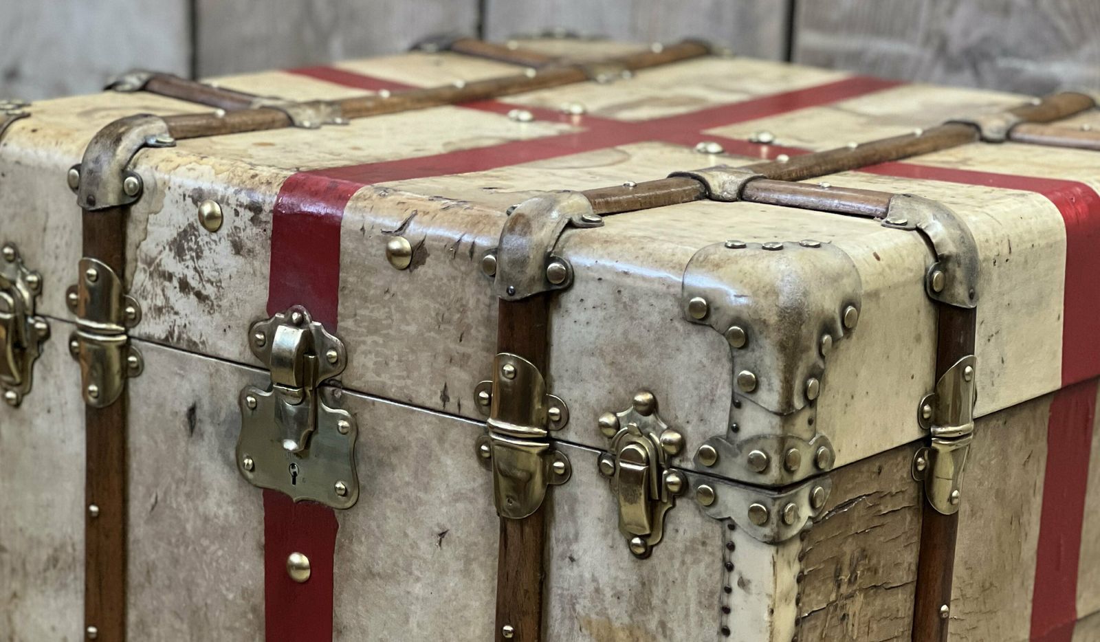 Antique Vellum Trunk , Travel Case , End Table , Rare Luggage photo Furniture