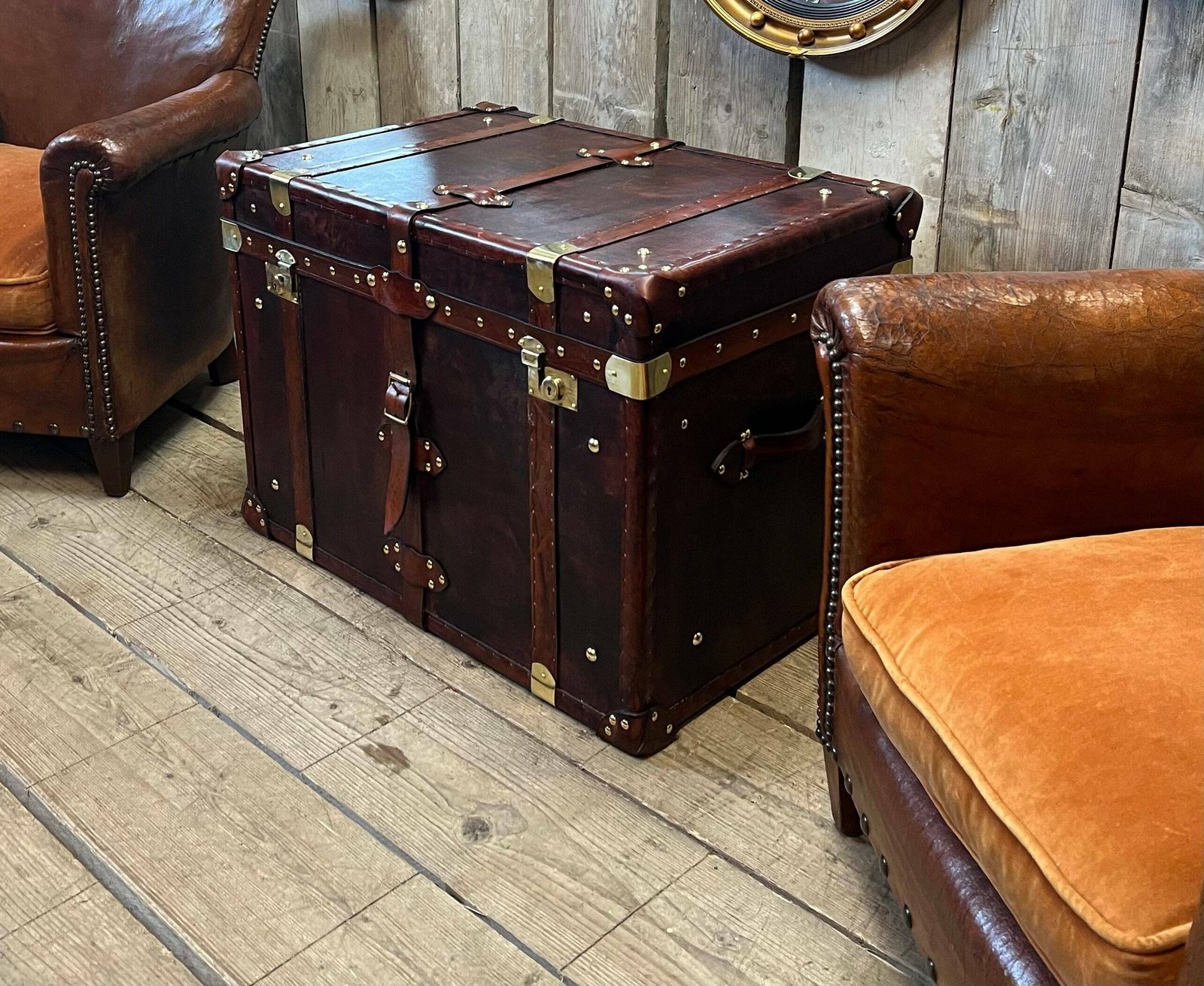 English Leather Trunk , Coffee Table Chest , Room Decor , End Table photo for sale