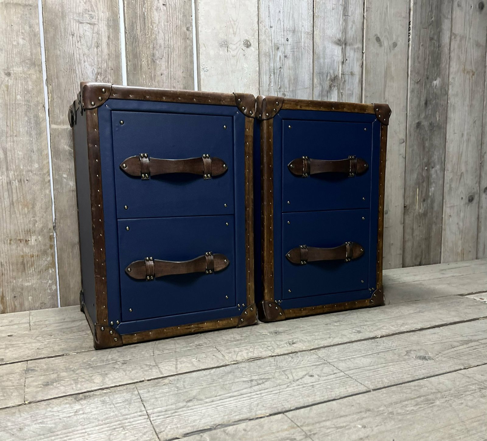 Pebble Blue Hand Dyed Tan Leather End Tables Bed Side Trunks Draws Bedroom Furniture photo furniture