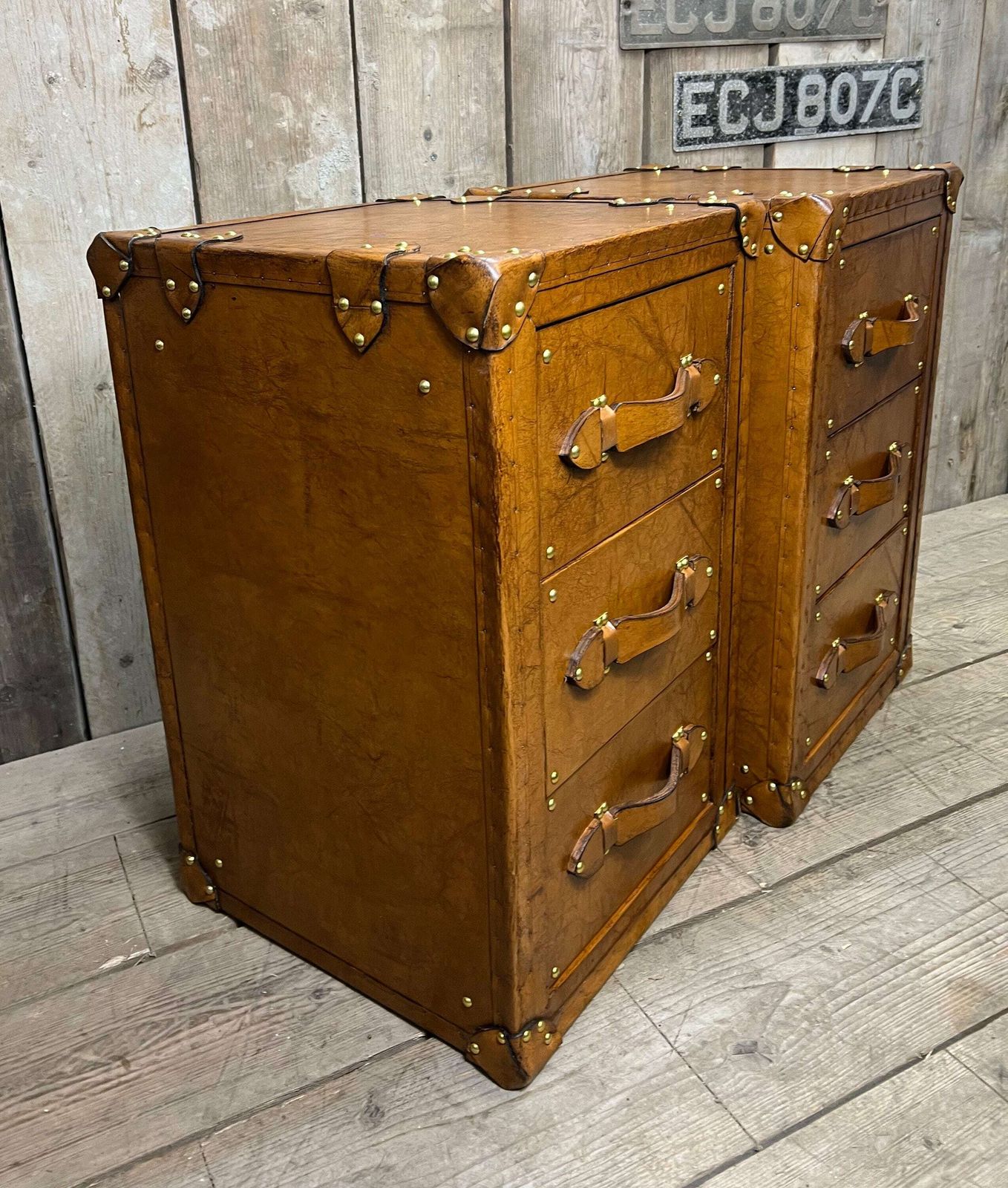 Bedroom Furniture, Home Decor, Luxury Tan Leather Nightstands, Vanities photo for sale
