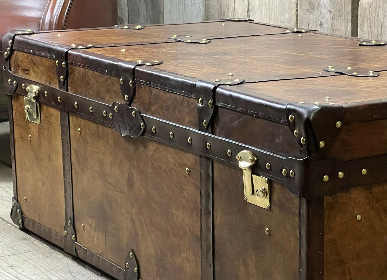 English Coffee Table, Hand Dyed Medium Brown Leather Trunk, Room Decor, Leather Craft, Traditionally Made, photo furniture