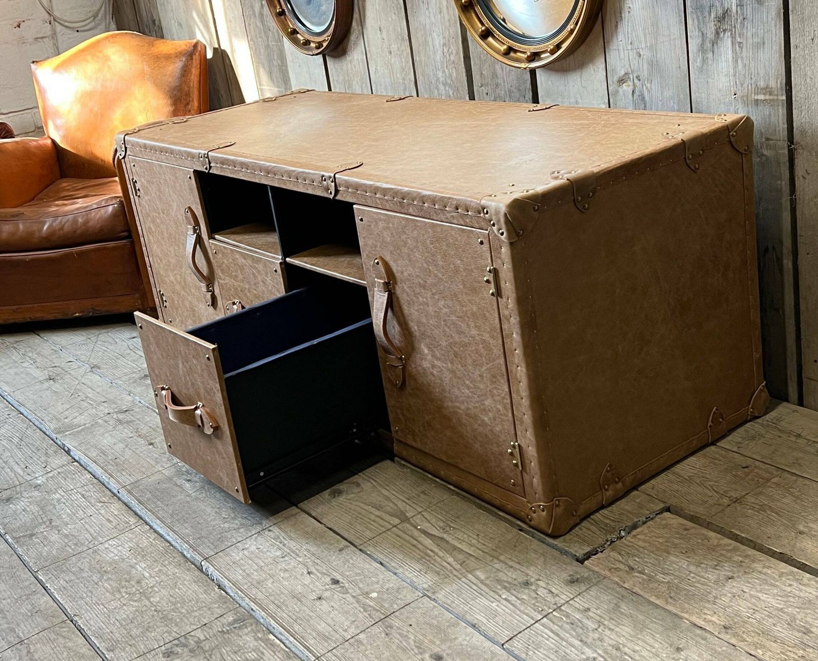 Tv Cabinet , Tv Console Table , Lincoln Tan Leather , Luxury Media Stand , Solid Wood photo for sale