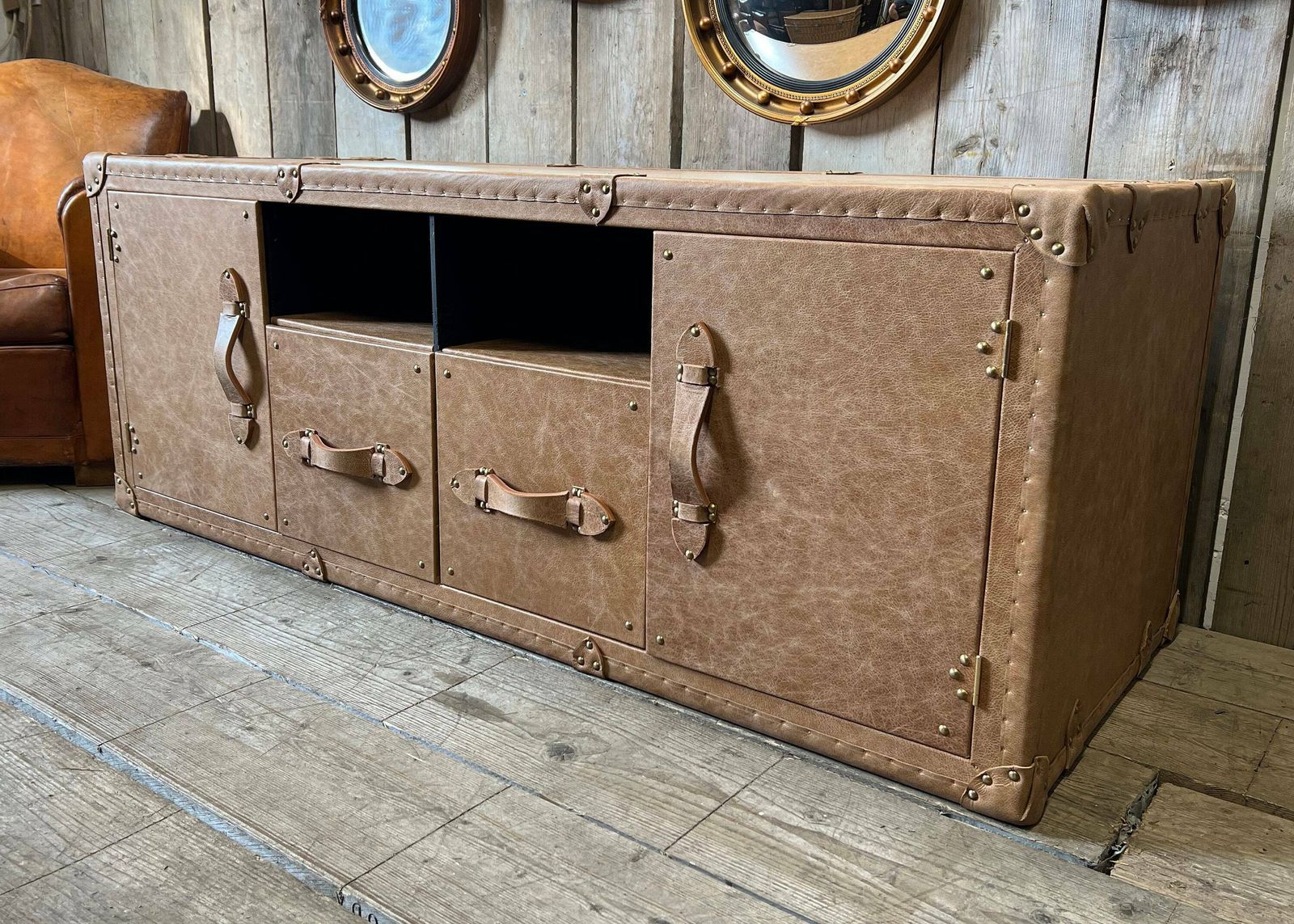 Tv Cabinet , Tv Console Table , Lincoln Tan Leather , Luxury Media Stand , Solid Wood photo vinterior