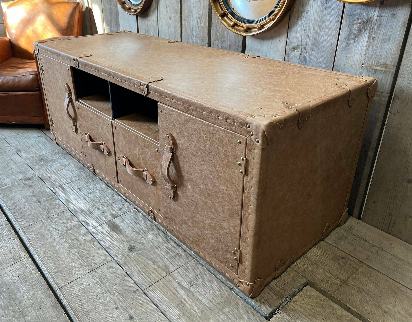 photo furniture Tv Cabinet , Tv Console Table , Lincoln Tan Leather , Luxury Media Stand , Solid Wood