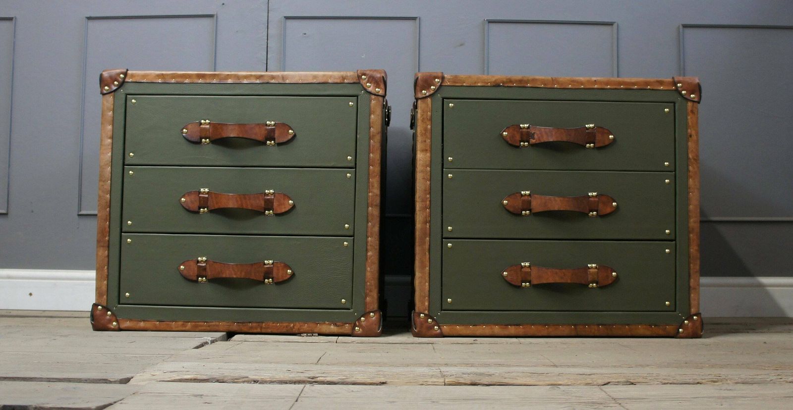 photo furniture Luxury Leather Olive Green Tan Leather Trimmed Occasional Night Stands Vanities Bedroom Furniture Draws Consoles