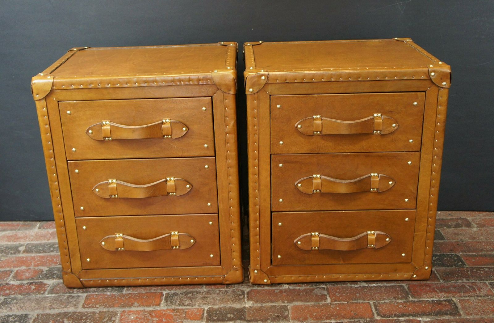 London Tan Leather Nightstands Bespoke Handmade English Room Decor Bedroom Furniture photo for sale